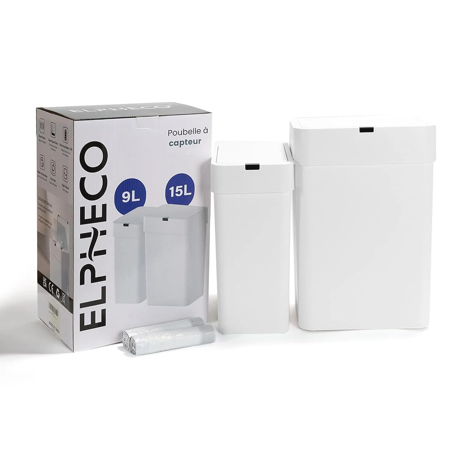 سطل زباله درب دار الپکو، بسته 2 عددی سطل زباله اتوماتیک، سطل زباله هوشمند سنسور حرکتی 9.5 لیتری + 15 لیتری، سطل زباله باریک ضد آب برای اتاق خواب، دفتر، اتاق نشیمن (سفید)