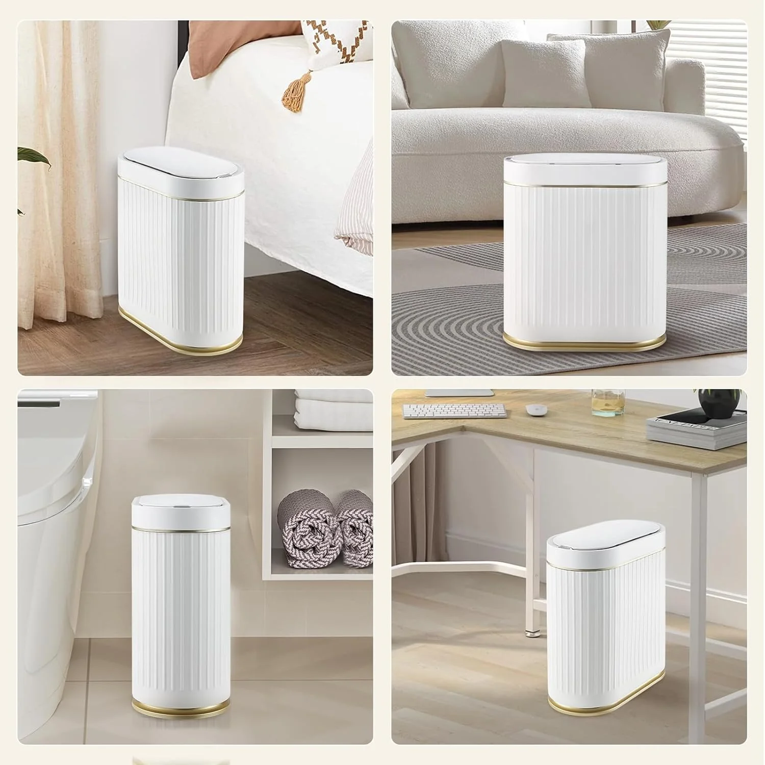 سطل زباله هوشمند پلاستیکی ELPHECO مناسب حمام، آشپزخانه و اتاق خواب با ظرفیت 7.5 لیتر، ضد آب و دارای درب اتوماتیک - سفید طلایی