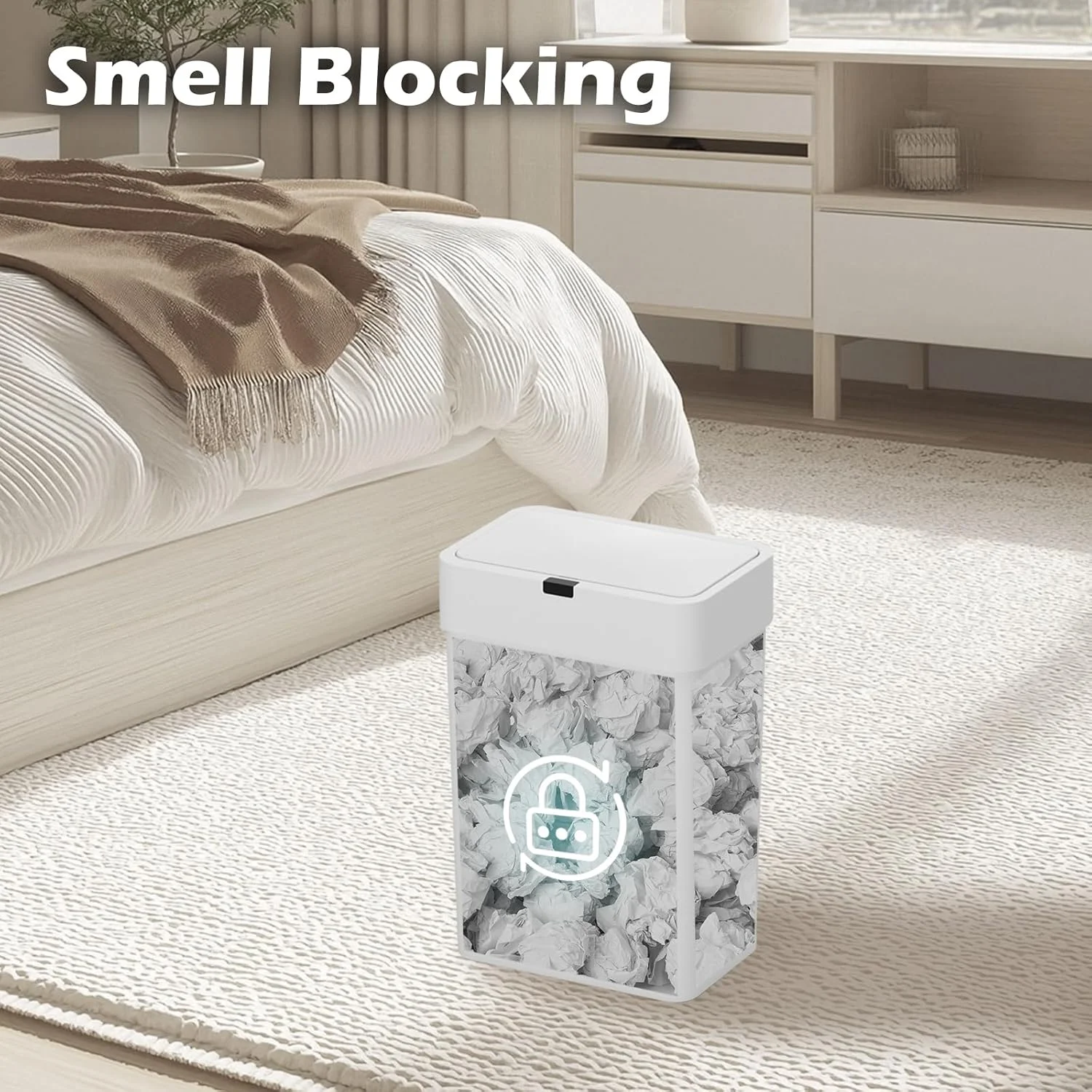 سطل زباله درب دار الپکو، بسته 2 عددی سطل زباله اتوماتیک، سطل زباله هوشمند سنسور حرکتی 9.5 لیتری + 15 لیتری، سطل زباله باریک ضد آب برای اتاق خواب، دفتر، اتاق نشیمن (سفید)