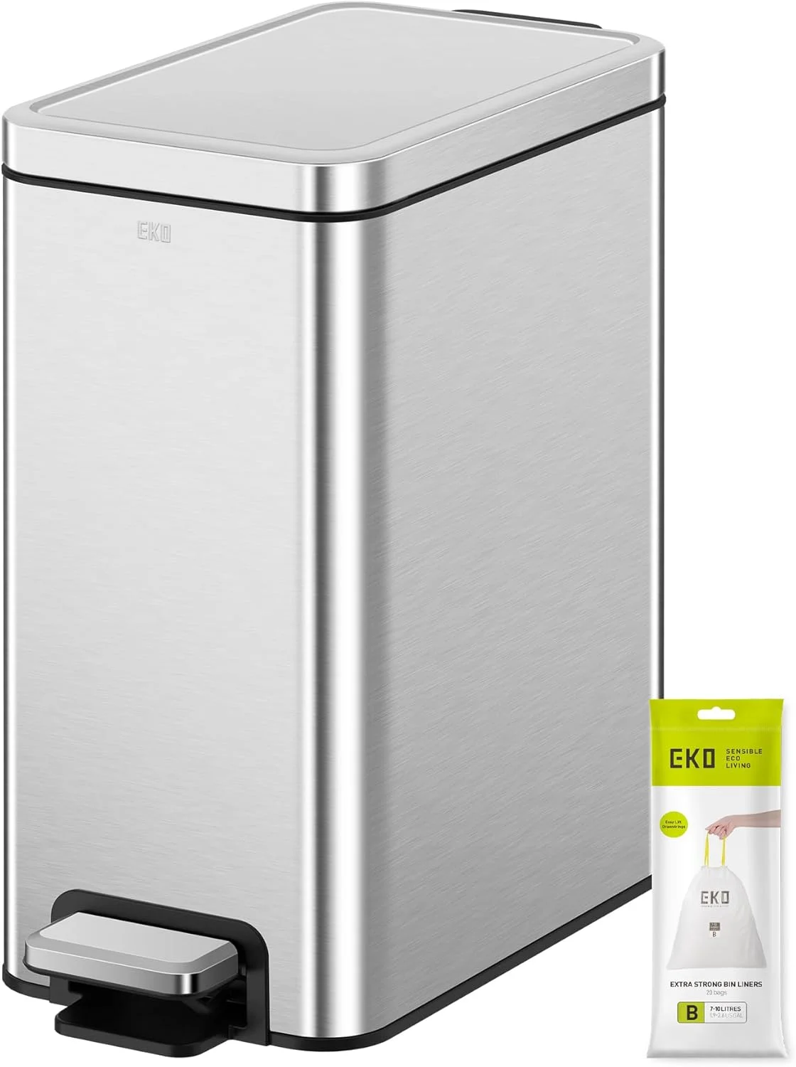 سطل زباله پدالی باریک استلا EKO با ظرفیت 10 لیتر، استیل ضد زنگ مقاوم در برابر اثر انگشت با سطل داخلی جداشدنی (نقره ای) سطل زباله پدالی باریک استلا EKO با ظرفیت 10 لیتر، استیل ضد زنگ مقاوم در برابر اثر انگشت با سطل داخلی جداشدنی (نقره ای)