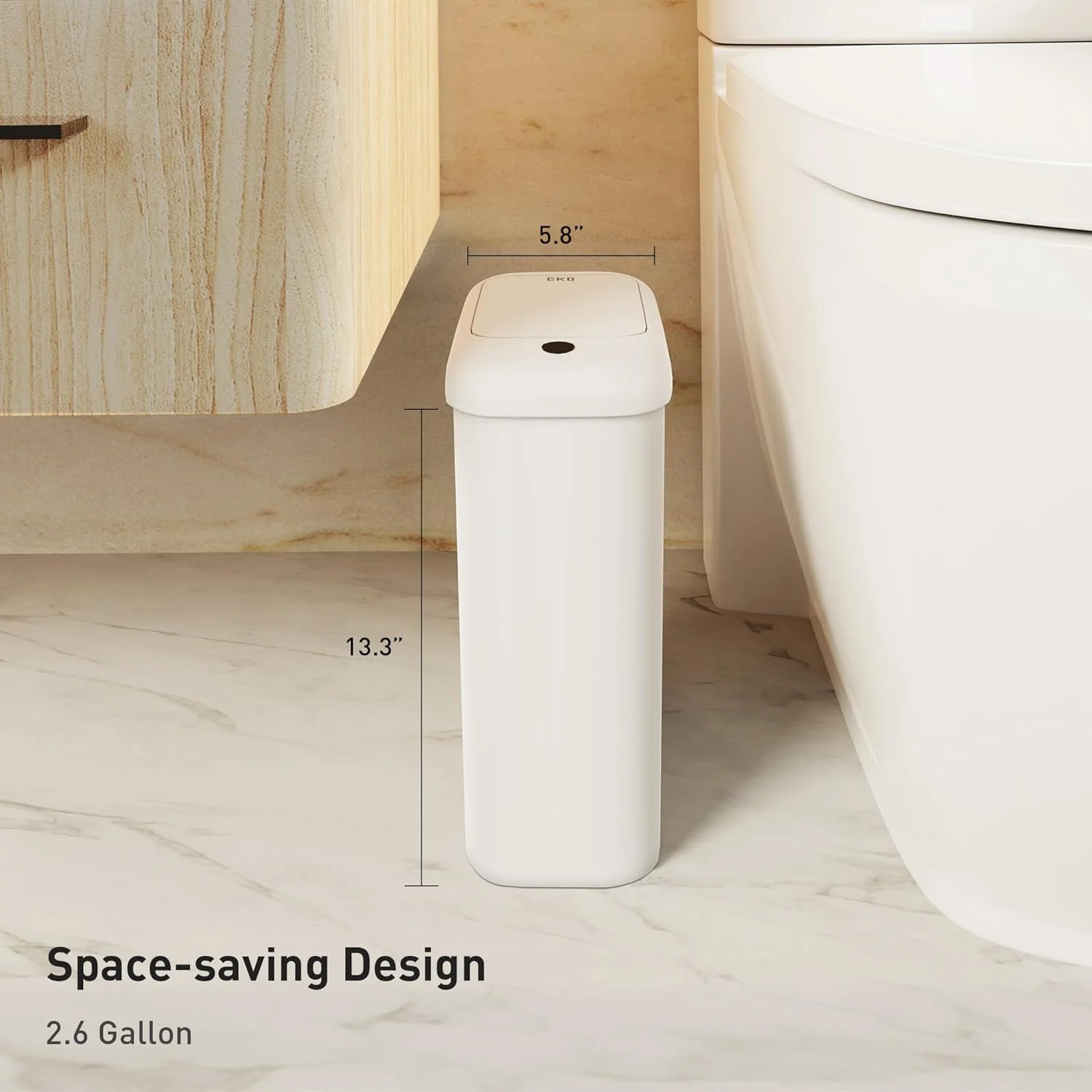 سطل زباله اتوماتیک حمام EKO با درب، سطل زباله باریک 10 لیتری بدون لمس حمام، سطل زباله ضد آب با سنسور حرکتی برای حمام، دفتر، آشپزخانه، سفید