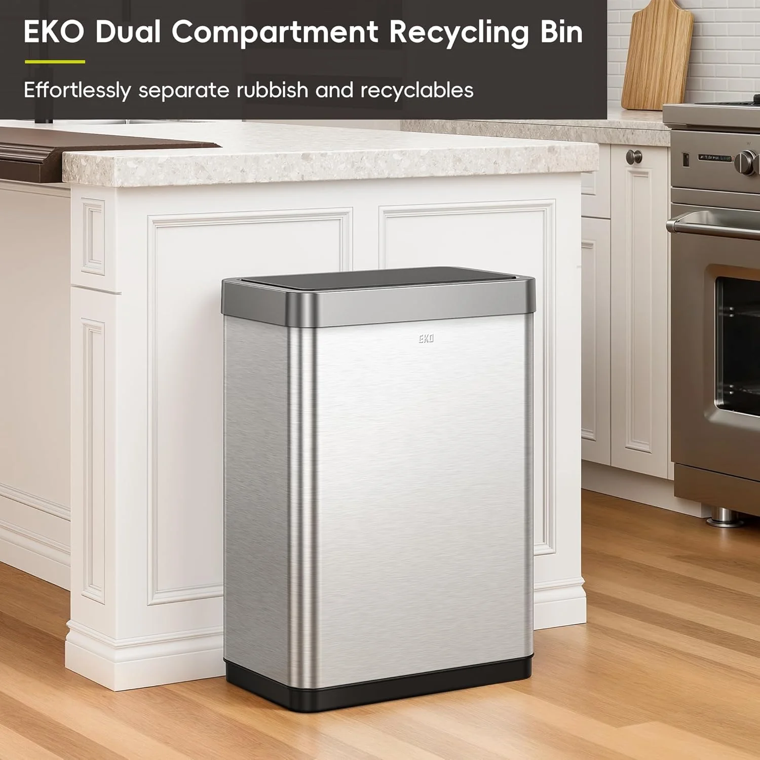 سطل زباله آشپزخانه سنسوردار بازیافت EKO Mirage X - سطل زباله دو محفظه ای بدون لمس شیک و بهداشتی - ایده آل برای آشپزخانه و خانه، استیل ضد زنگ، 40 لیتری سطل زباله آشپزخانه سنسوردار بازیافت EKO Mirage X - سطل زباله دو محفظه ای بدون لمس شیک و بهداشتی - ایده آل برای آشپزخانه و خانه، استیل ضد زنگ، 40 لیتری