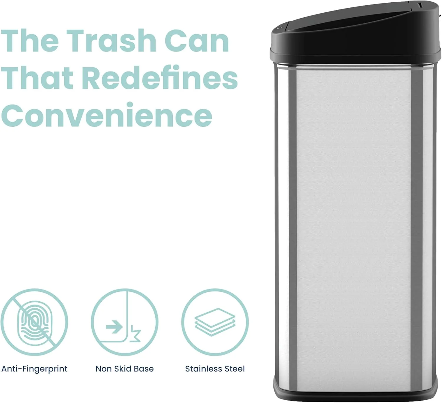 سطل زباله استیل 50 لیتری سنسوردار بدون لمس NINESTARS مدل DZT-50-28 با درب مشکی بادوام برای خانه، آشپزخانه و اداره سطل زباله استیل 50 لیتری سنسوردار بدون لمس NINESTARS مدل DZT-50-28 با درب مشکی بادوام برای خانه، آشپزخانه و اداره