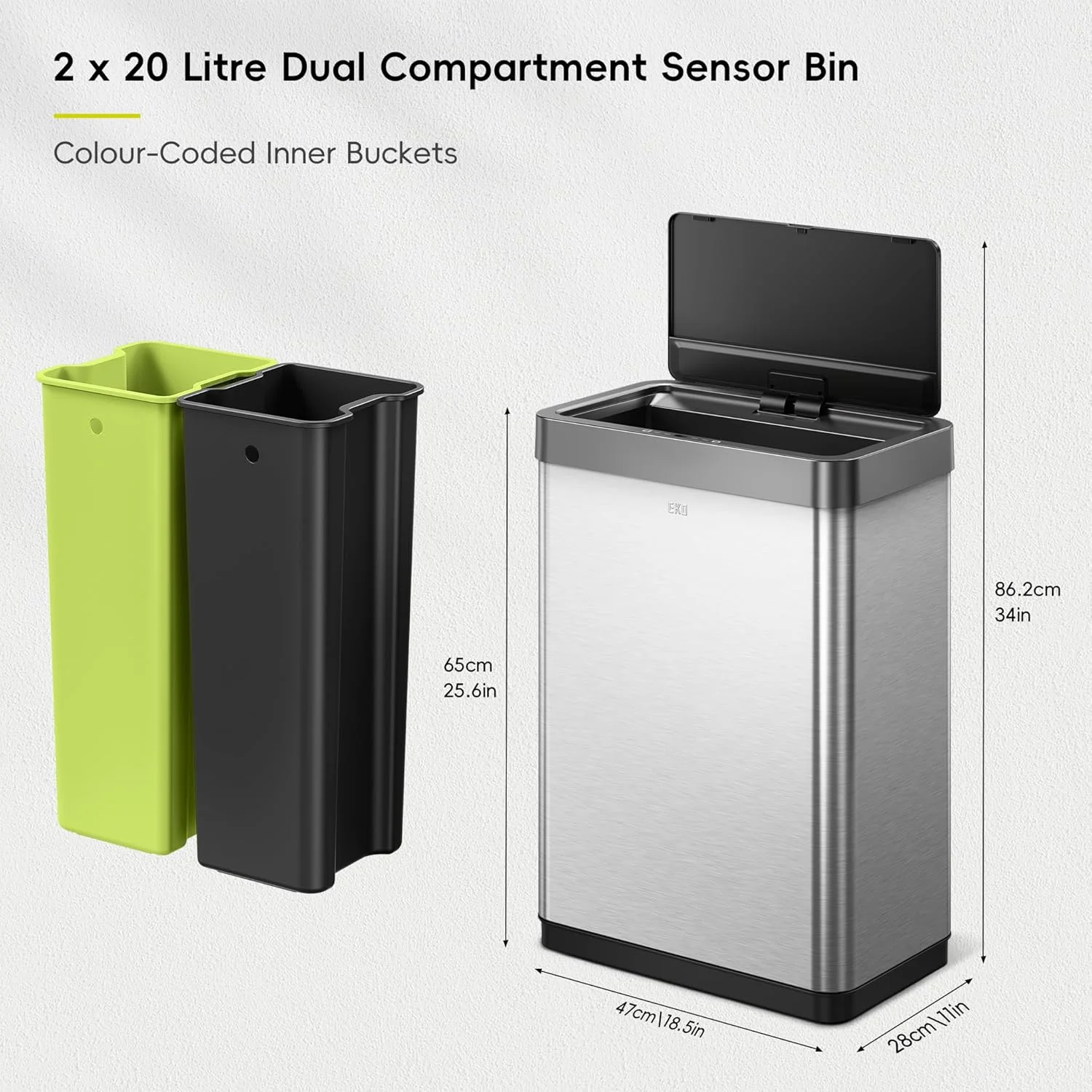 سطل زباله آشپزخانه سنسوردار بازیافت EKO Mirage X - سطل زباله دو محفظه ای بدون لمس شیک و بهداشتی - ایده آل برای آشپزخانه و خانه، استیل ضد زنگ، 40 لیتری سطل زباله آشپزخانه سنسوردار بازیافت EKO Mirage X - سطل زباله دو محفظه ای بدون لمس شیک و بهداشتی - ایده آل برای آشپزخانه و خانه، استیل ضد زنگ، 40 لیتری