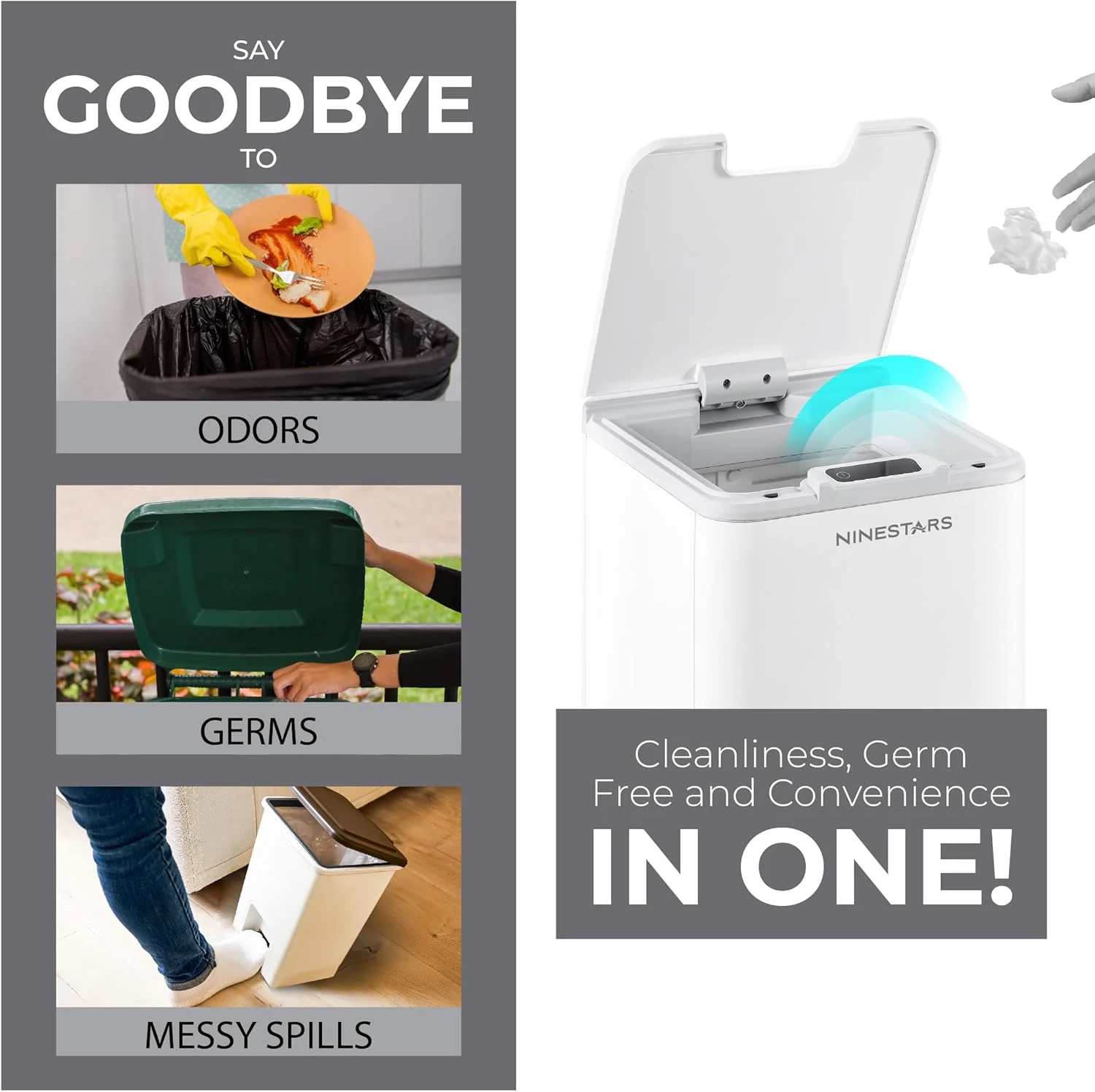 سطل زباله سنسوردار بدون لمس شیک Ninestars DZT-10-35 با درب | سطل زباله پلاستیکی اتوماتیک برای فضای باز، خانه، دفتر، هتل، حمام، آشپزخانه | 10 لیتر - سفید سطل زباله سنسوردار بدون لمس شیک Ninestars DZT-10-35 با درب | سطل زباله پلاستیکی اتوماتیک برای فضای باز، خانه، دفتر، هتل، حمام، آشپزخانه | 10 لیتر - سفید