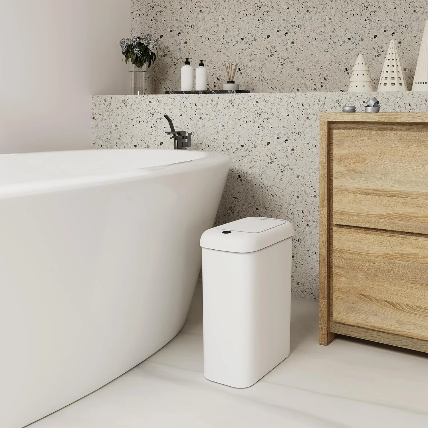 سطل زباله اتوماتیک حمام EKO با درب، سطل زباله باریک 10 لیتری بدون لمس حمام، سطل زباله ضد آب با سنسور حرکتی برای حمام، دفتر، آشپزخانه، سفید
