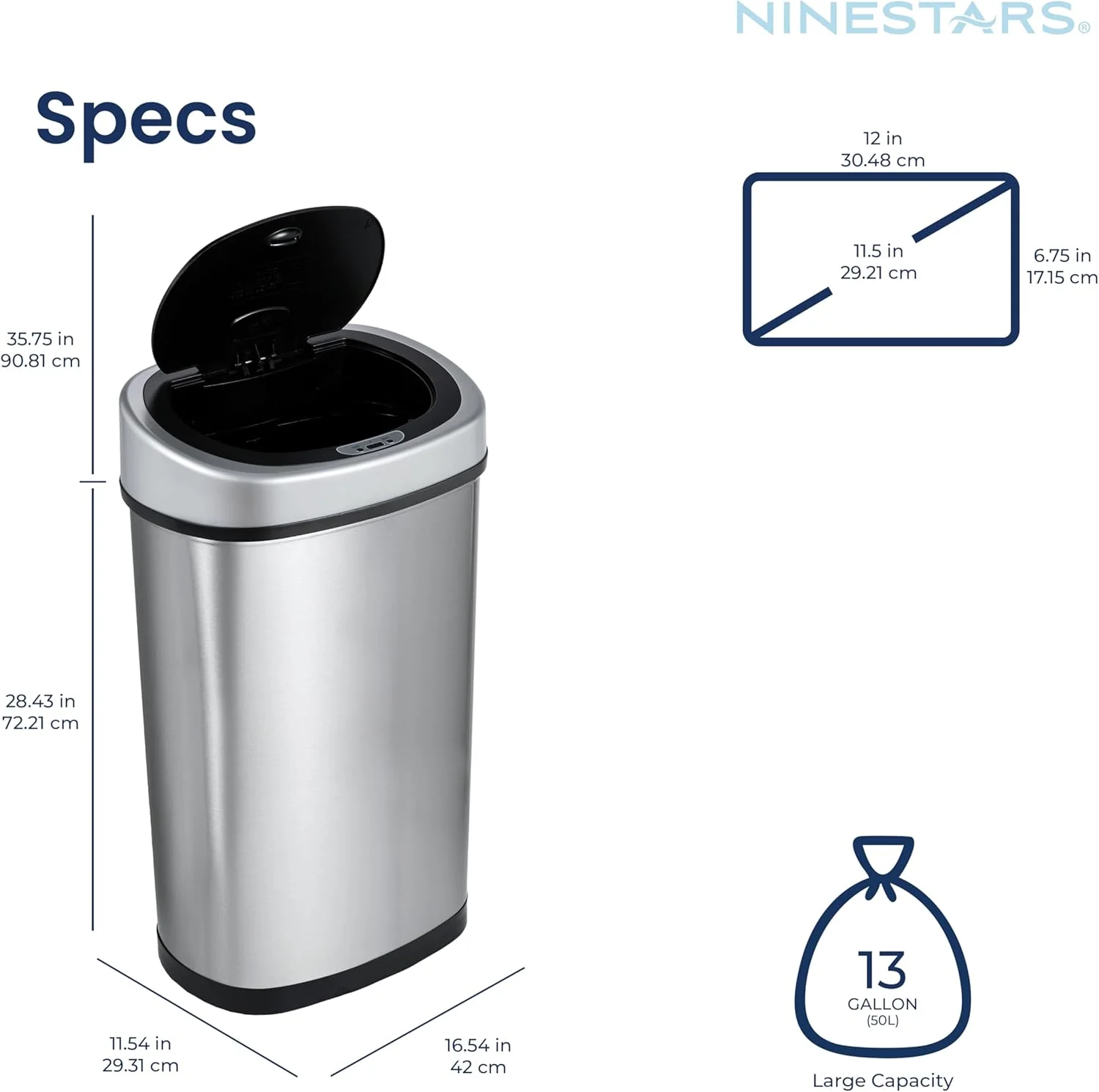 سطل زباله اتوماتیک بدون لمس سنسور حرکتی مادون قرمز NINESTARS DZT-50-9، ظرفیت 50 لیتری (13 گالن)، پایه استیل ضد زنگ (بیضی، درب نقره ای/مشکی) سطل زباله اتوماتیک بدون لمس سنسور حرکتی مادون قرمز NINESTARS DZT-50-9، ظرفیت 50 لیتری (13 گالن)، پایه استیل ضد زنگ (بیضی، درب نقره ای/مشکی)