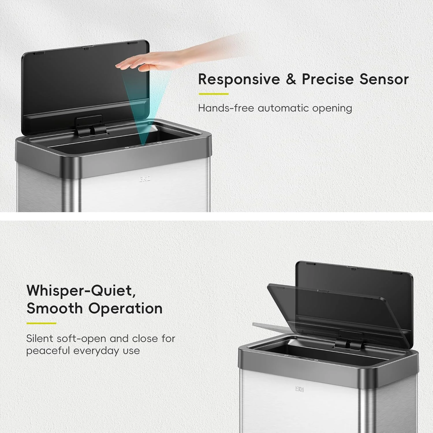 سطل زباله آشپزخانه سنسوردار بازیافت EKO Mirage X - سطل زباله دو محفظه ای بدون لمس شیک و بهداشتی - ایده آل برای آشپزخانه و خانه، استیل ضد زنگ، 40 لیتری سطل زباله آشپزخانه سنسوردار بازیافت EKO Mirage X - سطل زباله دو محفظه ای بدون لمس شیک و بهداشتی - ایده آل برای آشپزخانه و خانه، استیل ضد زنگ، 40 لیتری
