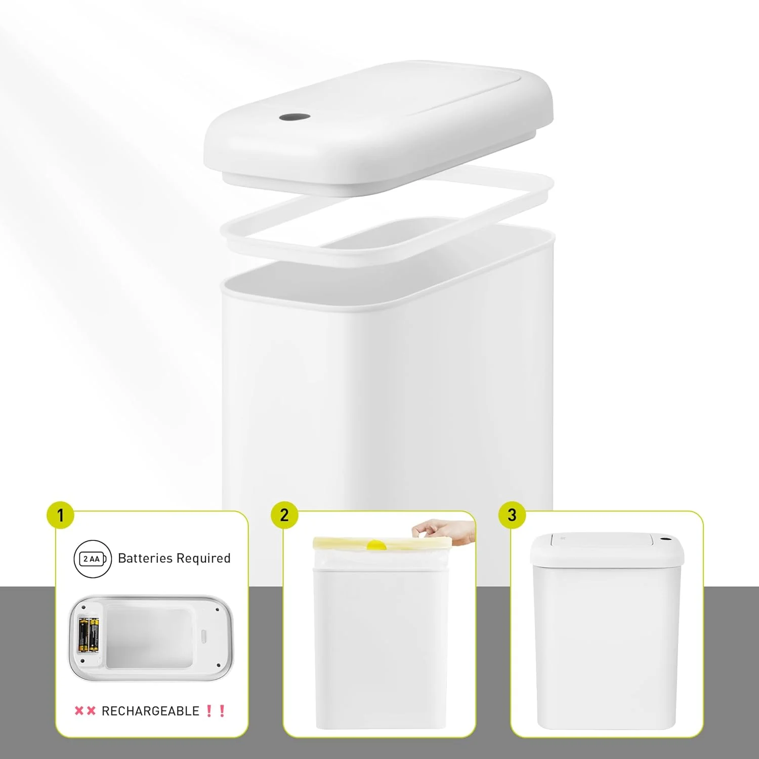 سطل زباله اتوماتیک حمام EKO با درب، سطل زباله باریک 10 لیتری بدون لمس حمام، سطل زباله ضد آب با سنسور حرکتی برای حمام، دفتر، آشپزخانه، سفید