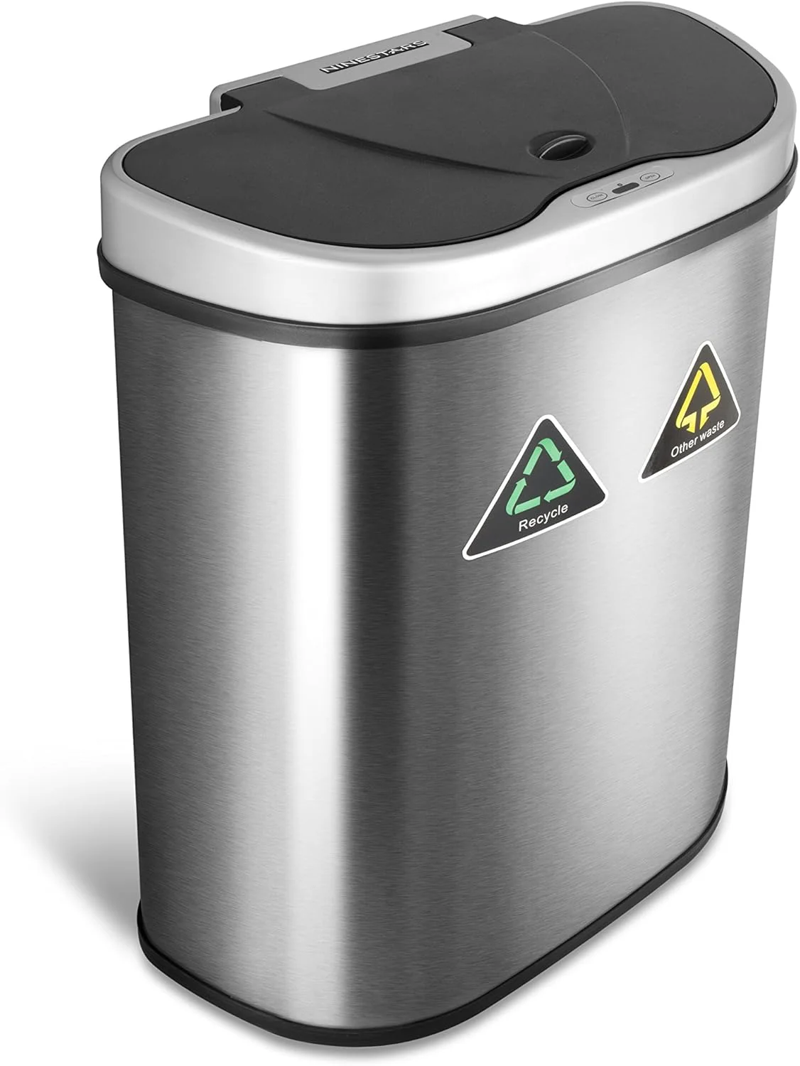 سطل زباله/بازیافت اتوماتیک بدون لمس NINESTARS با حسگر حرکتی مادون قرمز، درب نقره ای/مشکی D شکل و پایه استیل ضد زنگ، 68 لیتری، استیل ضد زنگ