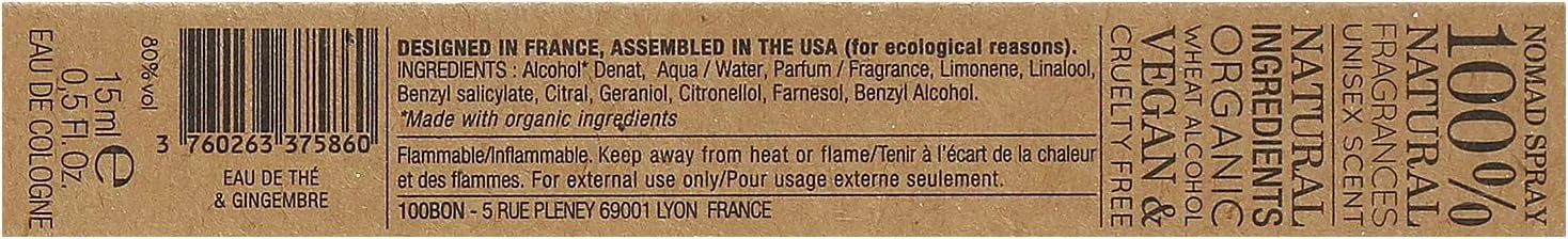 ادکلن چای و زنجبیل 100BON، رایحه ای انرژی بخش و ارگانیک برای زنان و مردان - رایحه ای شیرین، مرکباتی و تند - اسپری عطر 100% طبیعی، 15 میلی لیتر