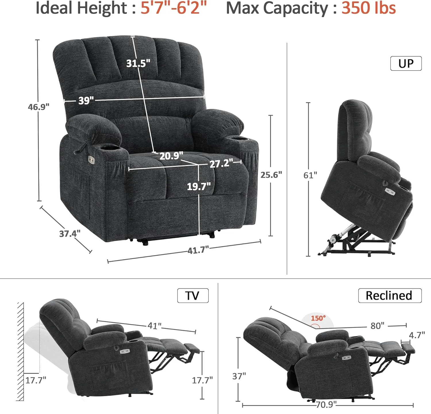 صندلی ریلکسی برقی MCombo با ماساژ و گرمایش برای سالمندان، دارای جا لیوانی، پورت USB و جیب های جانبی، پارچه R7092 (خاکستری تیره، بزرگ و پهن)