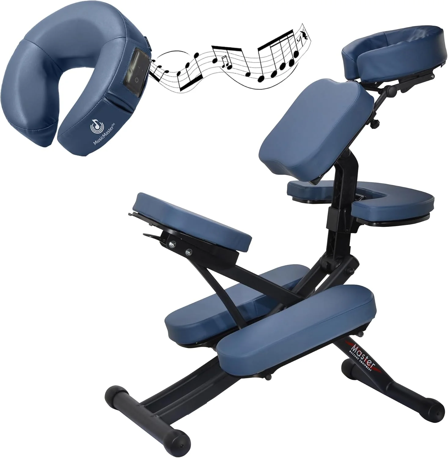 صندلی ماساژ تاشو قابل حمل حرفه ای مستر ماساژ، آلومینیومی، سبک وزن قابل تنظیم با کوسن موسیقی بلوتوث و کیف حمل، آبی، سایز آزاد