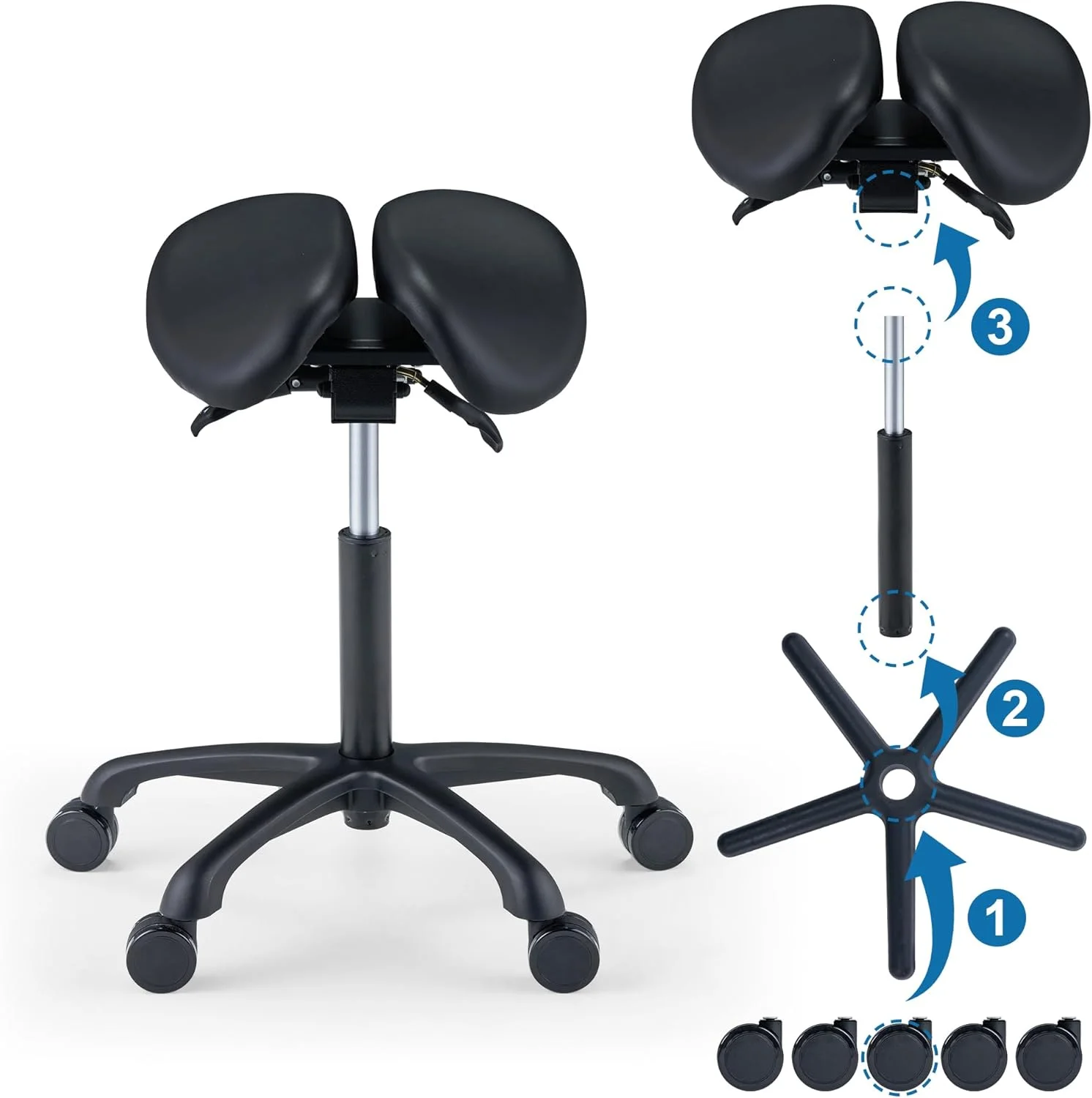 صندلی زین اسبی ارگونومیک Master Massage، صندلی چرخدار گردان هیدرولیک برای سالن، کلینیک، تاتو، دندانپزشکی، اسپا، کارگاه و دفتر کار، مدل دوتکه مشکی