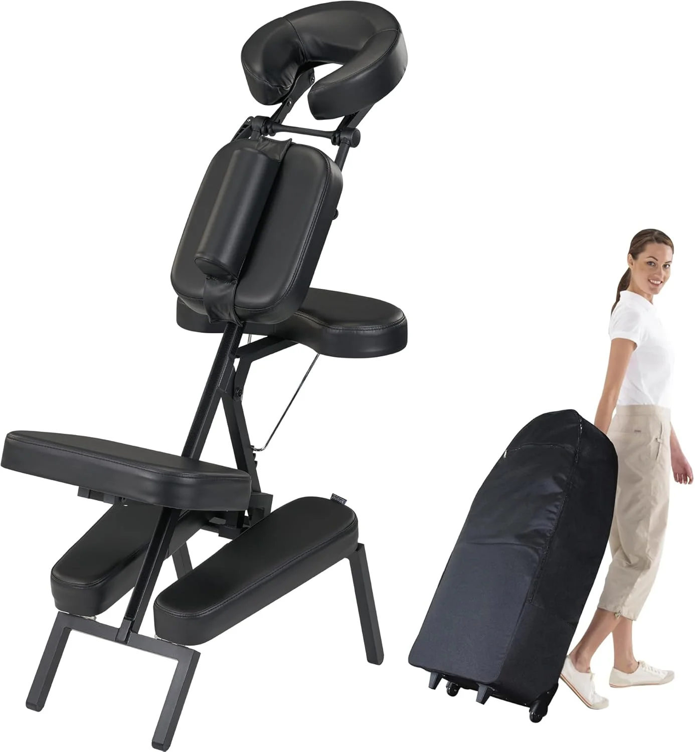 صندلی ماساژ قابل حمل سایز خیلی بزرگ مستر ماساژ مدل آپولو - آلومینیومی سبک وزن تاشو مناسب تتو - صندلی ماساژ تاشو با حالت نشسته - دارای بالشتک های بزرگتر و کیف چرخ دار - مشکی