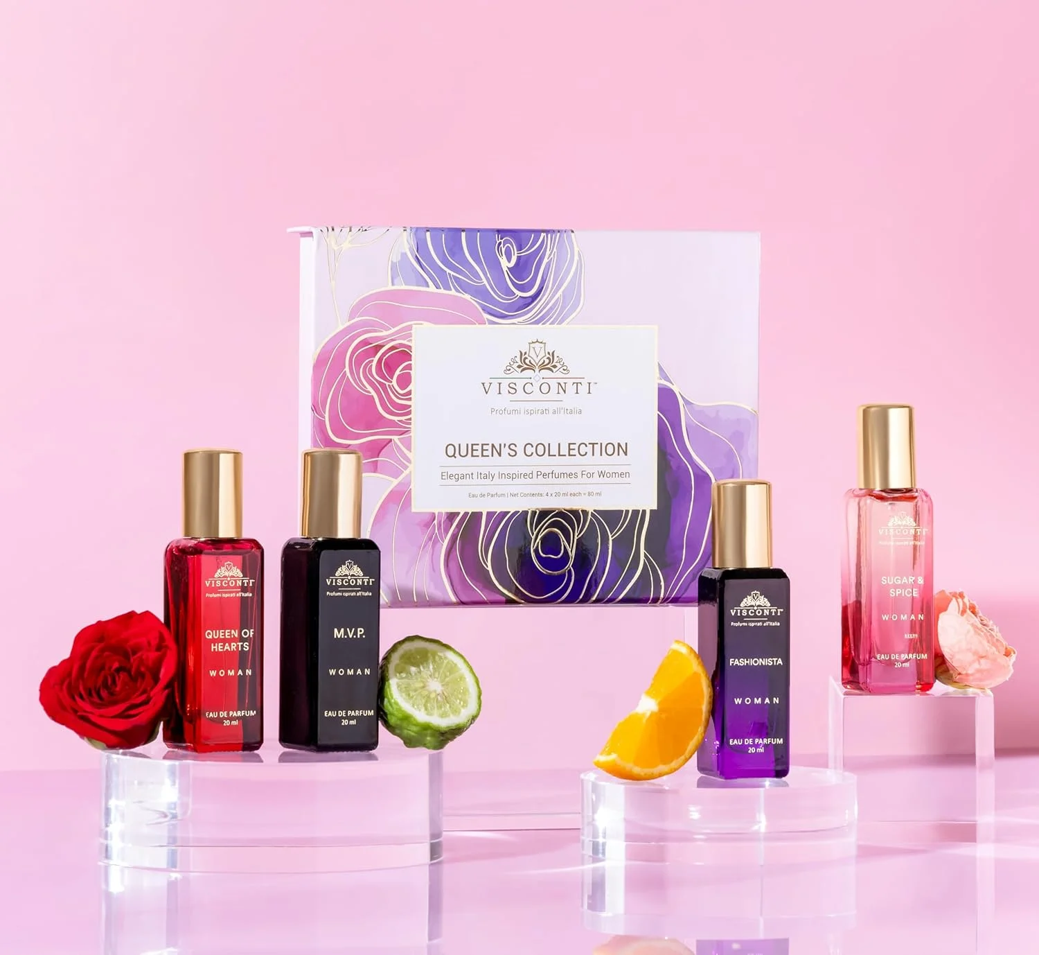 ست هدیه عطر زنانه ویسکونتی شامل 4 عدد عطر 20 میلی لیتری ادو پرفیوم با ماندگاری طولانی و ضد لک، هدیه ای برای زنان: Queen of Hearts, Sugar & Spice, Fashionista, M.V.P. Woman