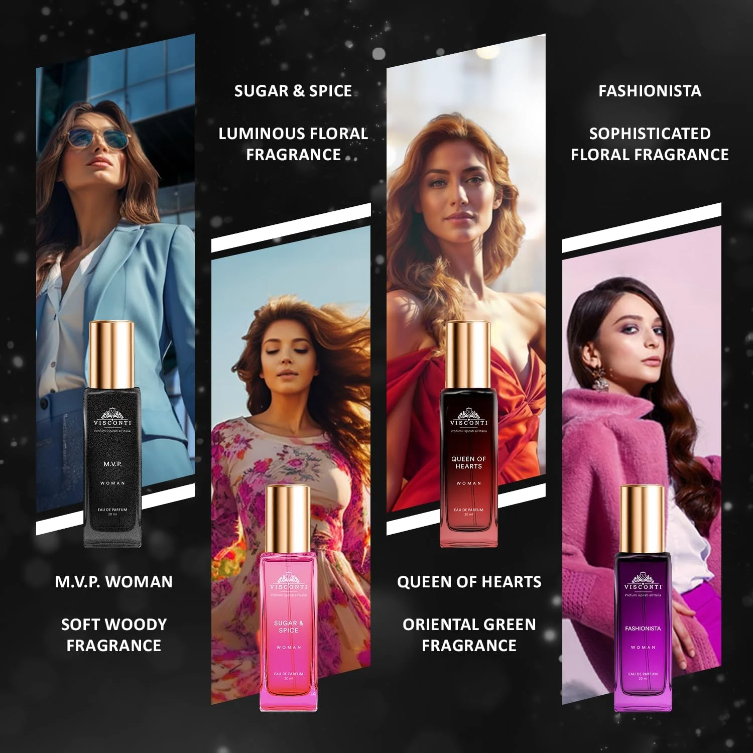 ست هدیه عطر زنانه ویسکونتی شامل 4 عدد عطر 20 میلی لیتری ادو پرفیوم با ماندگاری طولانی و ضد لک، هدیه ای برای زنان: Queen of Hearts, Sugar & Spice, Fashionista, M.V.P. Woman