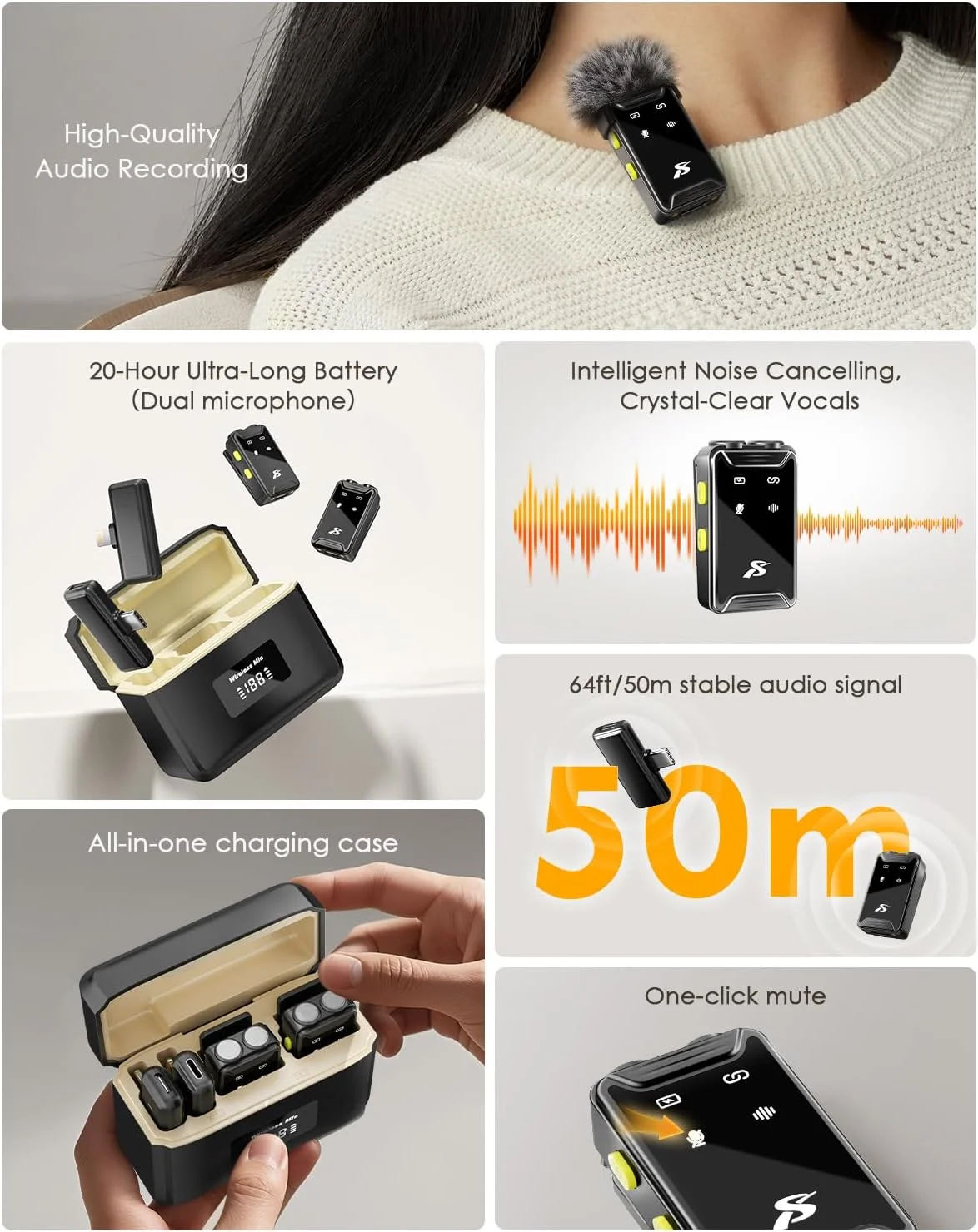 میکروفون مینی PQRQP برای آیفون، اندروید (Lightning/USB C)، عمر باتری 80 ساعته، صدای Hi-Fi، 48kHz/24-bit، میکروفون های بی سیم با حذف نویز برای ضبط ویدئو، استریمینگ، برد 164 فوت میکروفون مینی PQRQP برای آیفون، اندروید (Lightning/USB C)، عمر باتری 80 ساعته، صدای Hi-Fi، 48kHz/24-bit، میکروفون های بی سیم با حذف نویز برای ضبط ویدئو، استریمینگ، برد 164 فوت