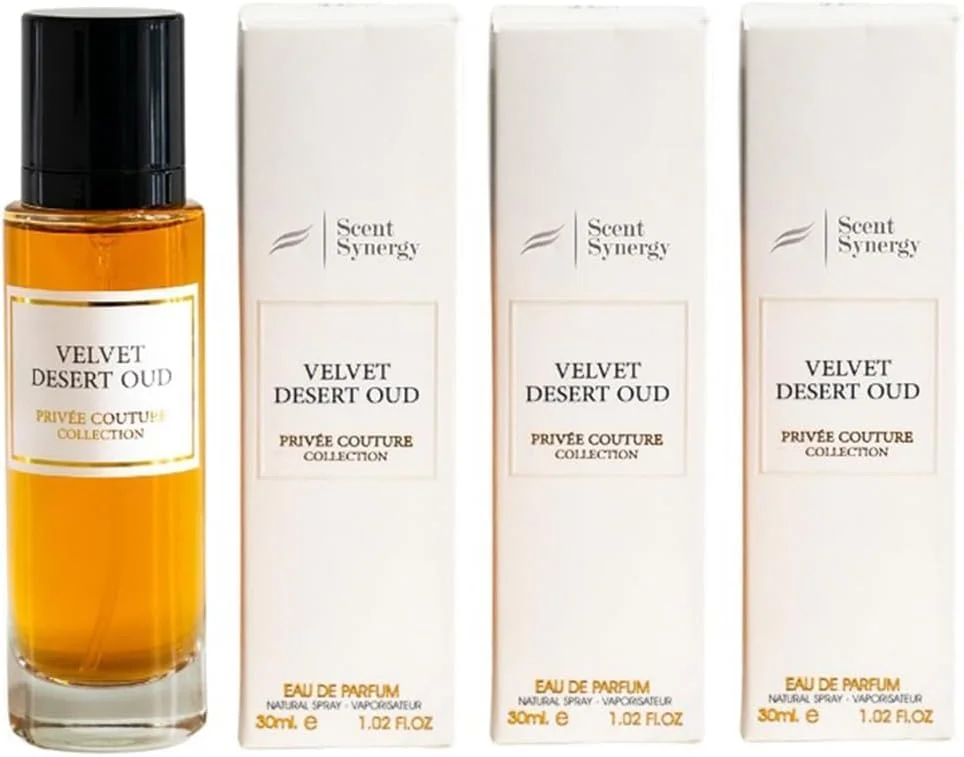 ست ادو پرفیوم Scent Synergy، بسته 3 عددی | ادو پرفیوم ماندگار برای آقایان و بانوان | مجموعه Privee Couture | غلظت بالا | بطری های مسافرتی 30 میلی لیتری (30 میلی لیتر، VELVET DESERT OUD)