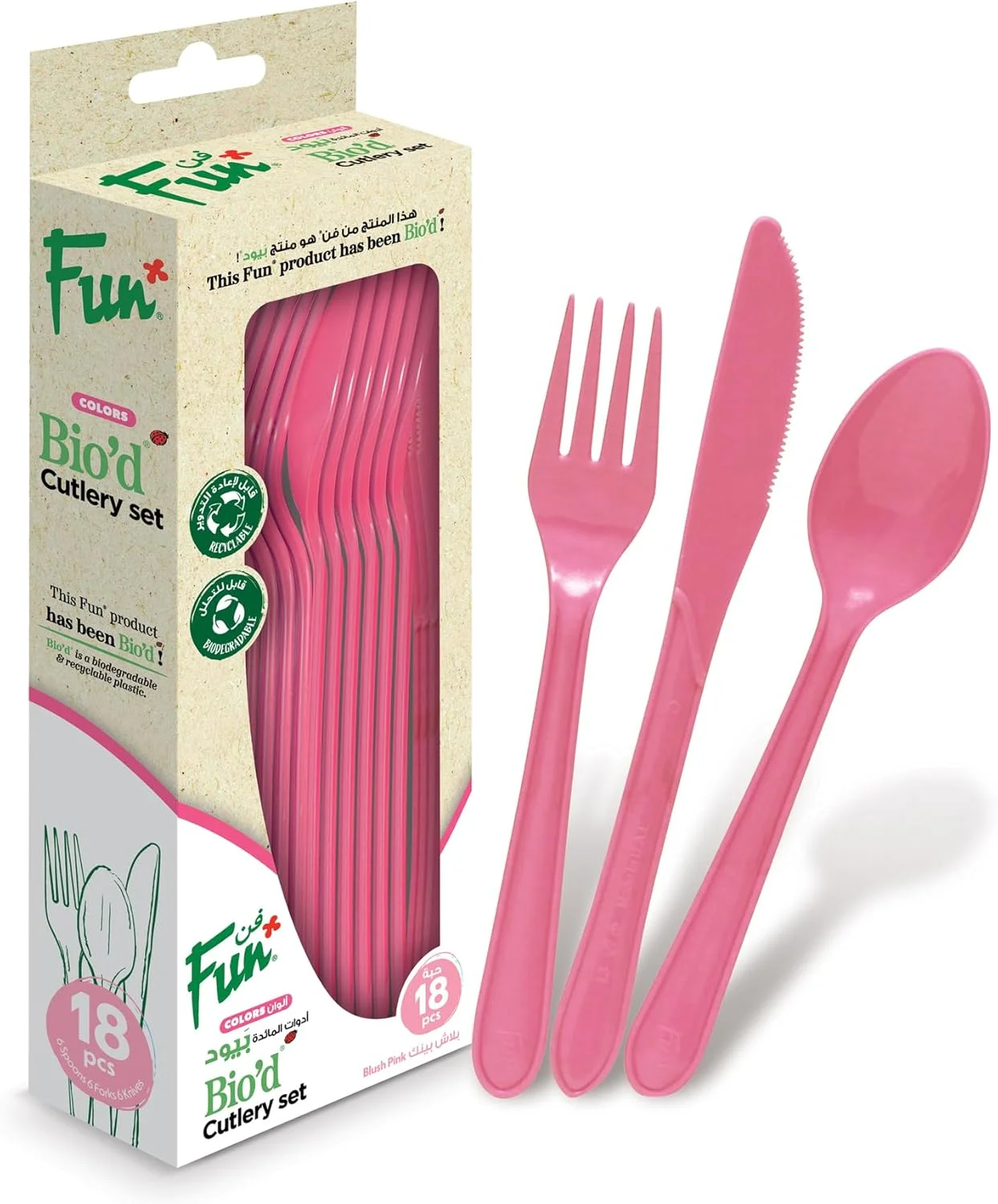 FUN BY AL BAYADER ست کارد، چنگال و قاشق یکبار مصرف زیست تخریب پذیر - صورتی گلگون (بسته 18 عددی) FUN BY AL BAYADER ست کارد، چنگال و قاشق یکبار مصرف زیست تخریب پذیر - صورتی گلگون (بسته 18 عددی)
