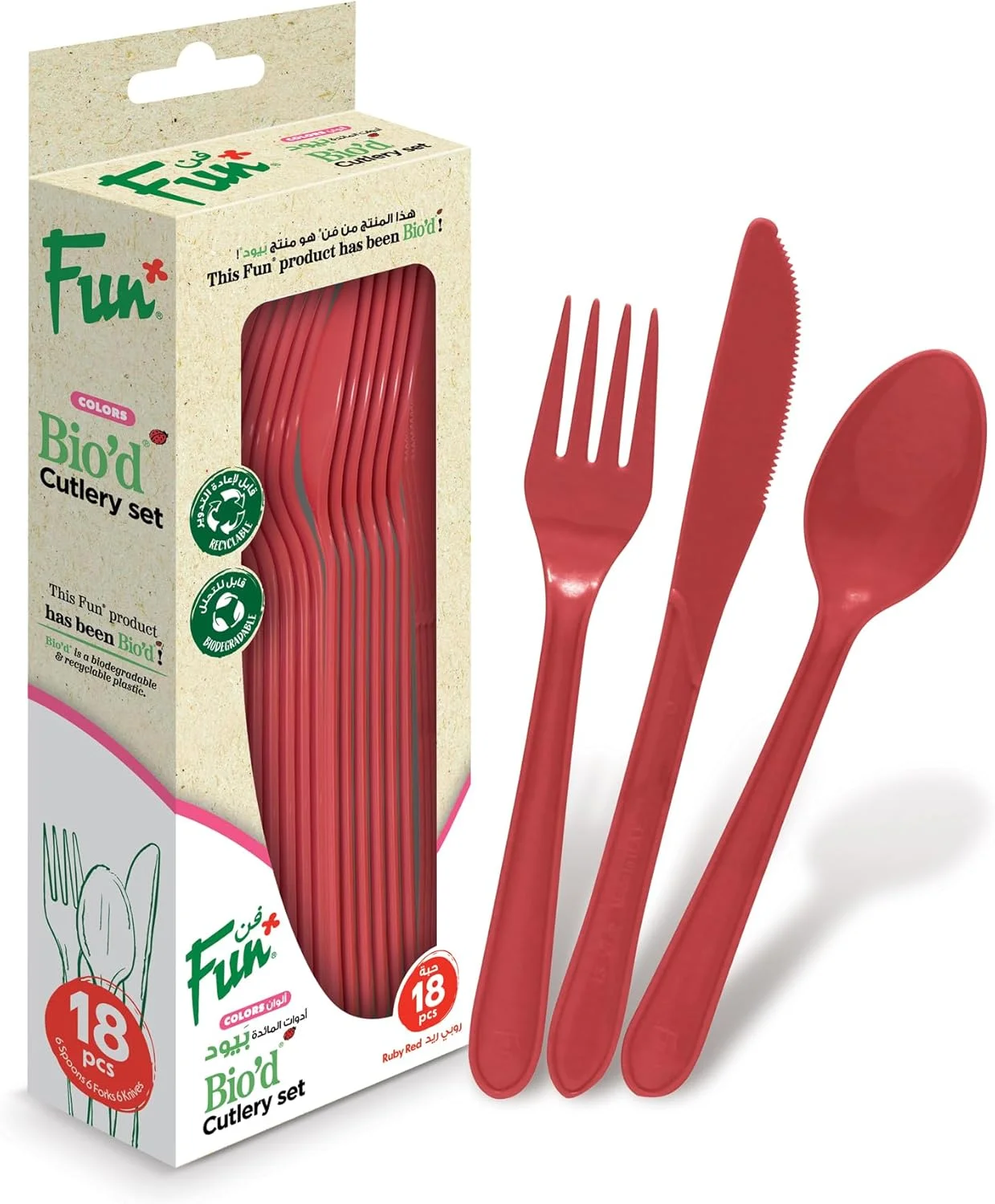 ست کارد، چنگال و قاشق یکبار مصرف زیست تخریب پذیر فان بای البیادر - قرمز یاقوتی (بسته 18 عددی) ست کارد، چنگال و قاشق یکبار مصرف زیست تخریب پذیر فان بای البیادر - قرمز یاقوتی (بسته 18 عددی)