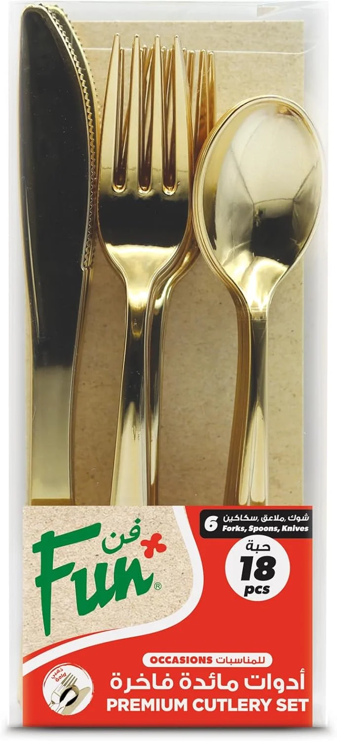 فان بای البایادر ست کارد، چنگال و قاشق ممتاز و سنگین - ست کارد و چنگال پلاستیکی یکبار مصرف - طلایی (بسته 18 عددی) فان بای البایادر ست کارد، چنگال و قاشق ممتاز و سنگین - ست کارد و چنگال پلاستیکی یکبار مصرف - طلایی (بسته 18 عددی)