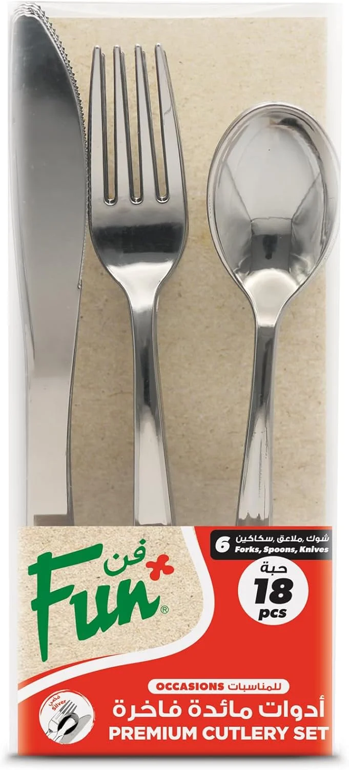 FUN BY AL BAYADER فن ست کارد و چنگال ممتاز سنگین وزن - ست قاشق، چاقو و چنگال یکبار مصرف پلاستیکی - نقره ای (بسته 18 عددی) FUN BY AL BAYADER فن ست کارد و چنگال ممتاز سنگین وزن - ست قاشق، چاقو و چنگال یکبار مصرف پلاستیکی - نقره ای (بسته 18 عددی)