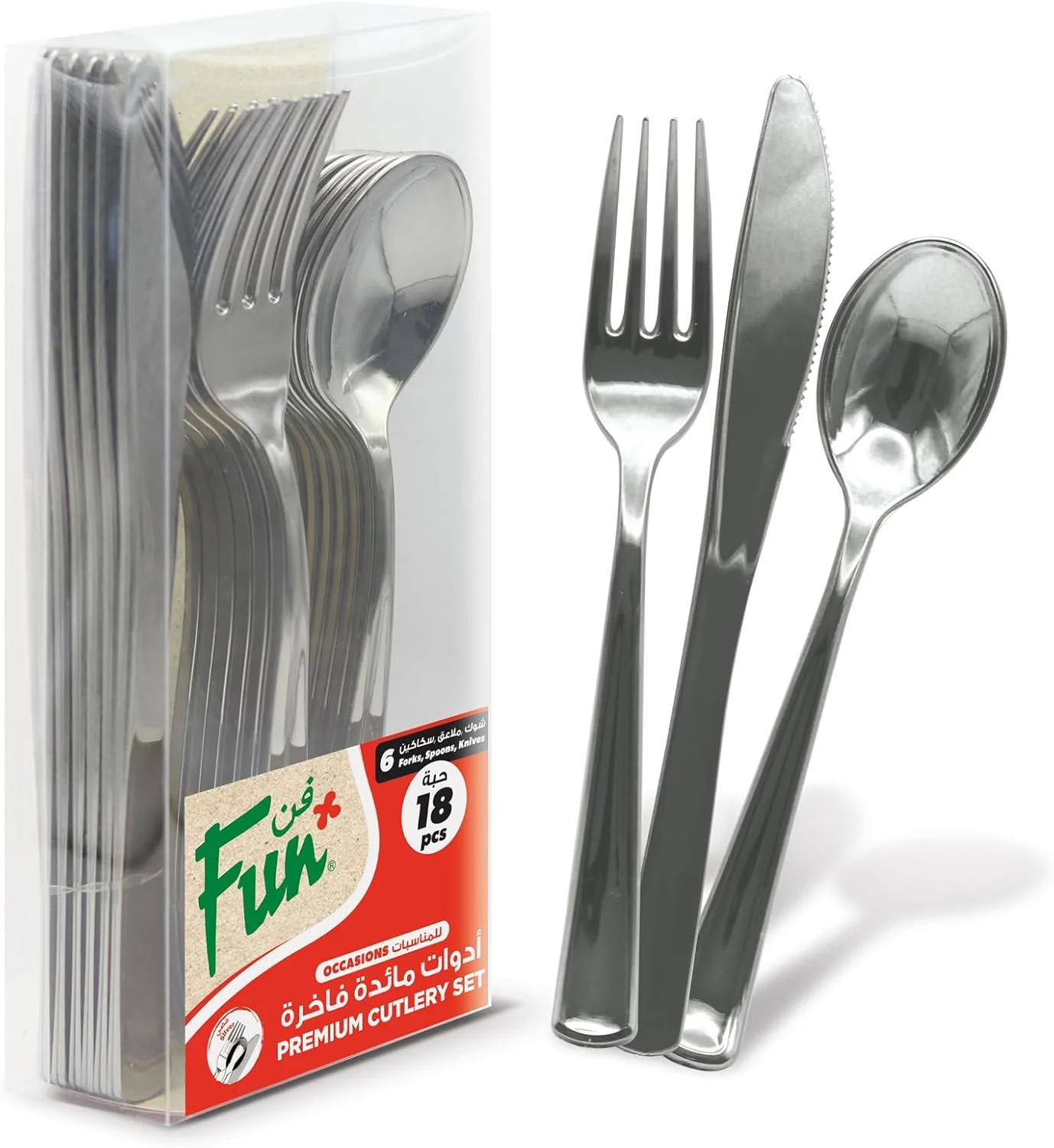 FUN BY AL BAYADER فن ست کارد و چنگال ممتاز سنگین وزن - ست قاشق، چاقو و چنگال یکبار مصرف پلاستیکی - نقره ای (بسته 18 عددی) FUN BY AL BAYADER فن ست کارد و چنگال ممتاز سنگین وزن - ست قاشق، چاقو و چنگال یکبار مصرف پلاستیکی - نقره ای (بسته 18 عددی)