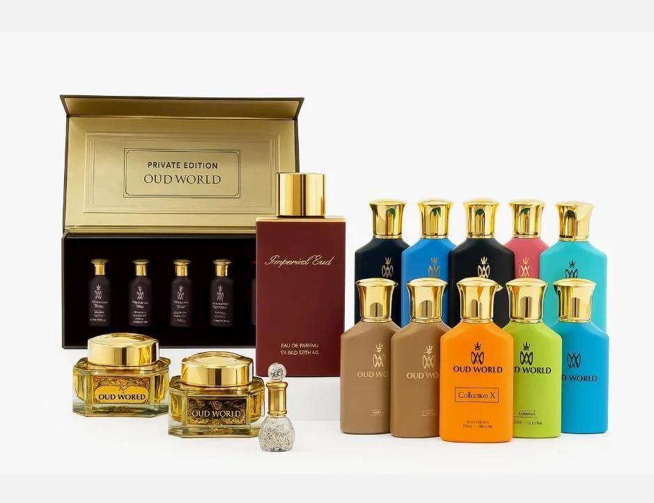 مجموعه هدیه عطر ممتاز عود ورلد - نسخه محدود سال نو | بسته عطر عود унисекс | رایحه های ماندگار | 10 عدد عطر 100 میلی لیتری + بخور + مشک ابریشمی | جعبه هدیه لوکس