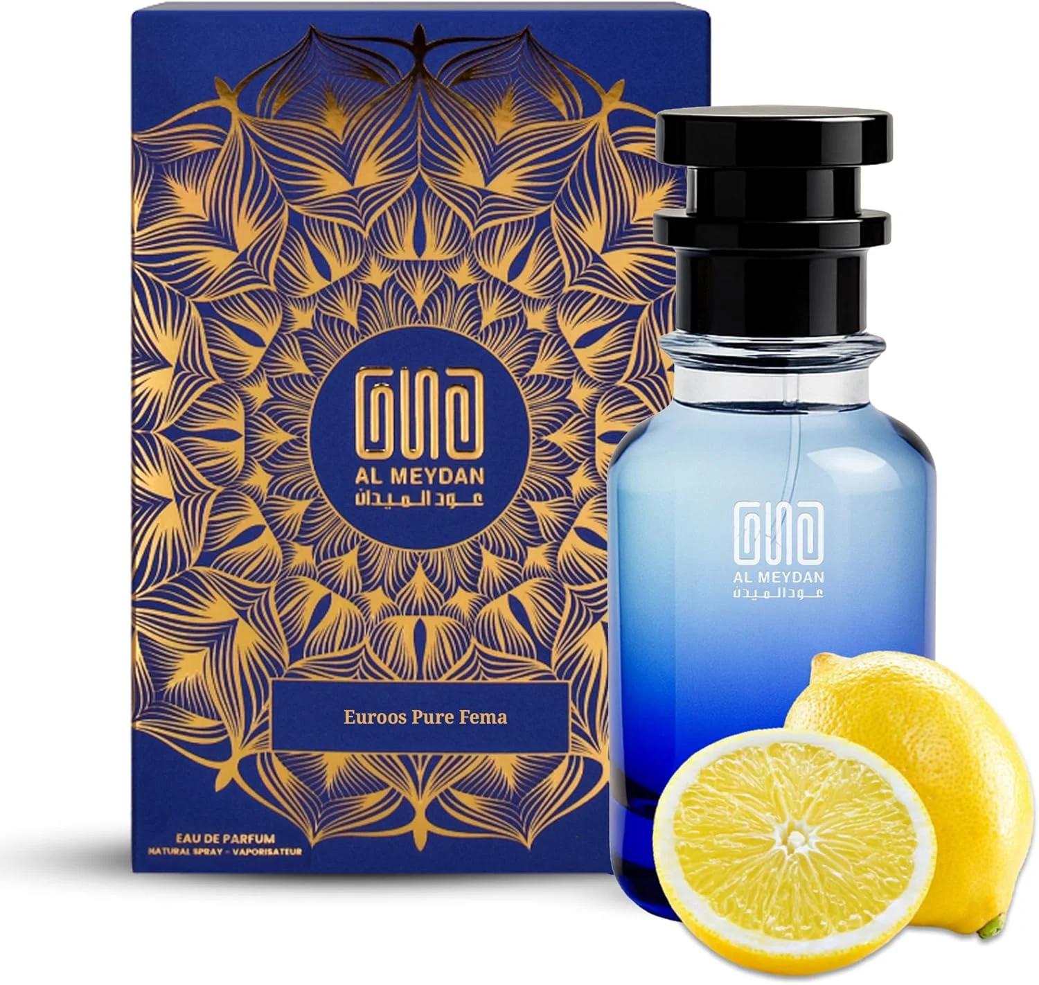 عطر روغنی عود المیدان زنانه – الهام گرفته از یورووس پیور فما – عطر روغنی بدون الکل با رایحه لیمو سیسیلی، یاس و چوب صندل – رایحه ماندگار (30 میلی لیتر)