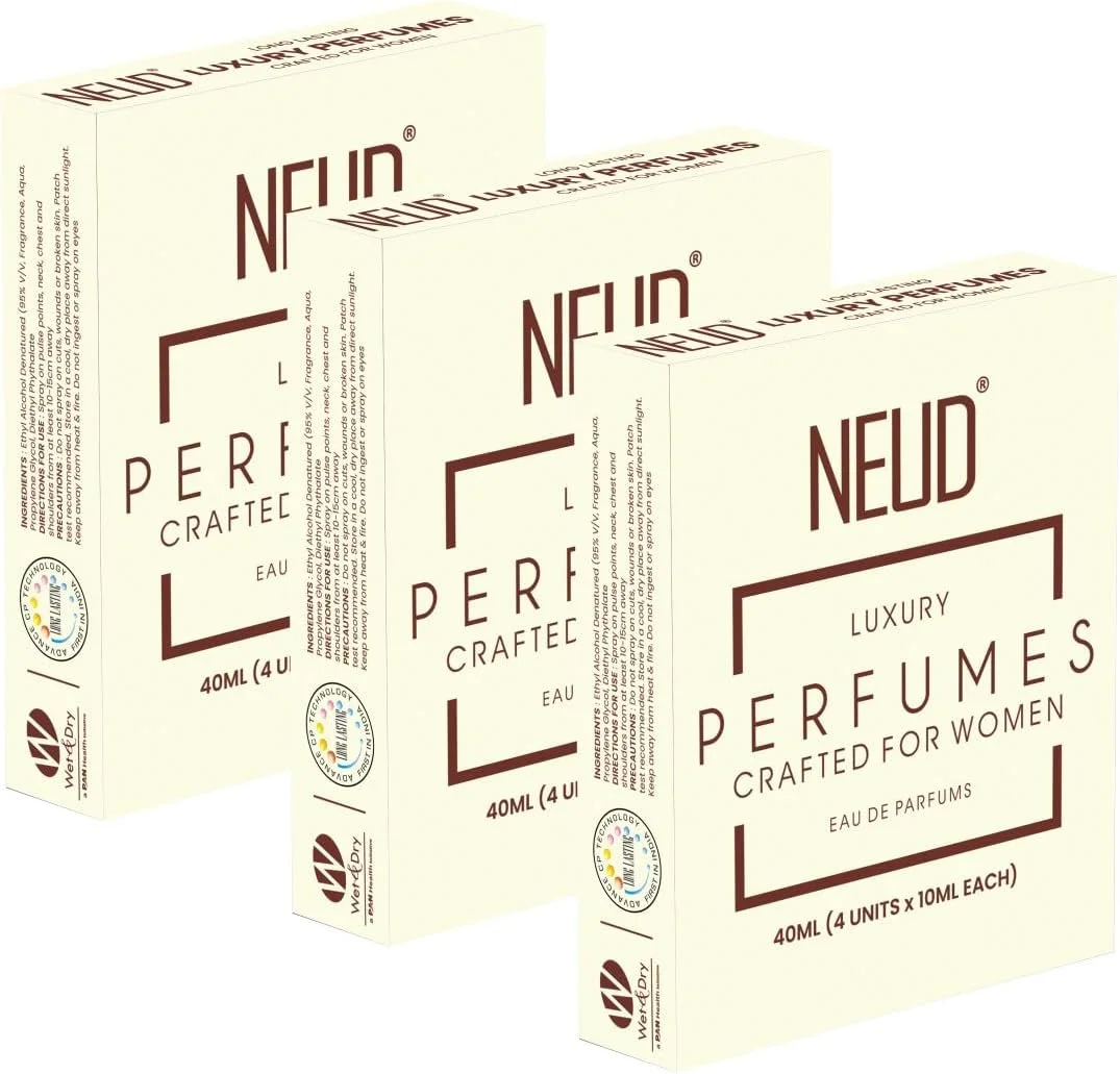 ست هدیه عطر لوکس زنانه NEUD - ادو پرفیوم ماندگار (میوه ای، رز، مشک، سیب سبز) - 3 بسته (4 ویال 10 میلی لیتری)