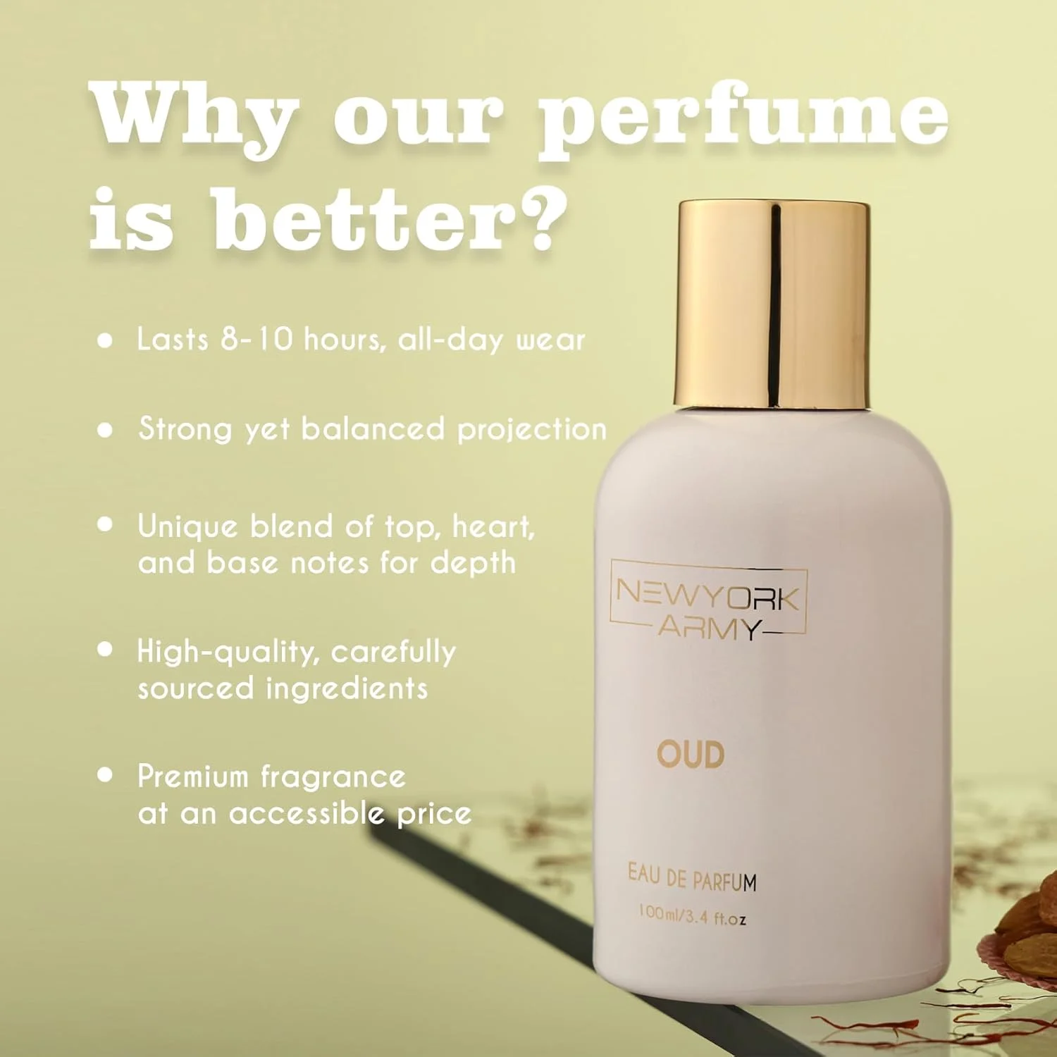 عطر عود لوکس نیویورک آرمی унисекс | ادو پرفیوم 100 میلی لیتر | زعفران، عود، رزین | رایحه ممتاز مجلل – چوبی – دودی | عطر ماندگار برای مردان و زنان