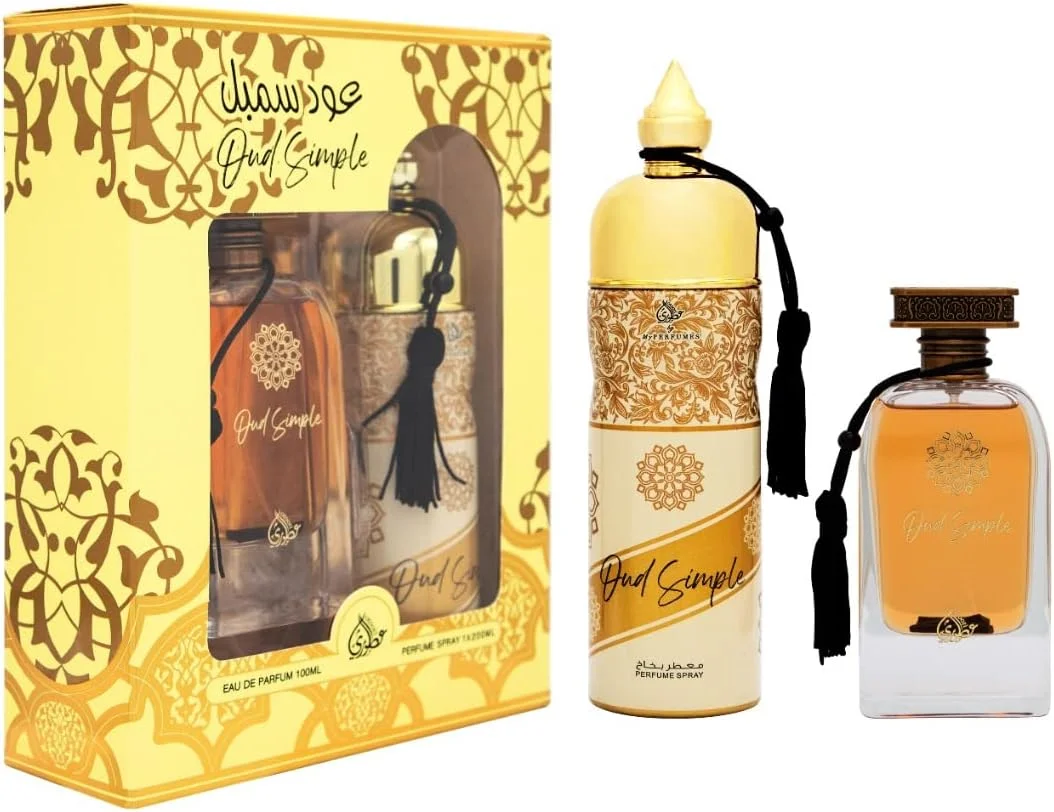 مجموعه هدیه عطر 2 تکه عود سیمپل از مجموعه عطریات اوطوری از مای پرفیومز برای آقایان و بانوان، 100 میلی لیتر ادو پرفیوم و 200 میلی لیتر اسپری عطر (OUD SIMPLE) مجموعه هدیه عطر 2 تکه عود سیمپل از مجموعه عطریات اوطوری از مای پرفیومز برای آقایان و بانوان، 100 میلی لیتر ادو پرفیوم و 200 میلی لیتر اسپری عطر (OUD SIMPLE)
