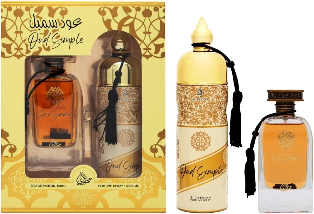 مجموعه هدیه عطر 2 تکه عود سیمپل از مجموعه عطریات اوطوری از مای پرفیومز برای آقایان و بانوان، 100 میلی لیتر ادو پرفیوم و 200 میلی لیتر اسپری عطر (OUD SIMPLE) مجموعه هدیه عطر 2 تکه عود سیمپل از مجموعه عطریات اوطوری از مای پرفیومز برای آقایان و بانوان، 100 میلی لیتر ادو پرفیوم و 200 میلی لیتر اسپری عطر (OUD SIMPLE)