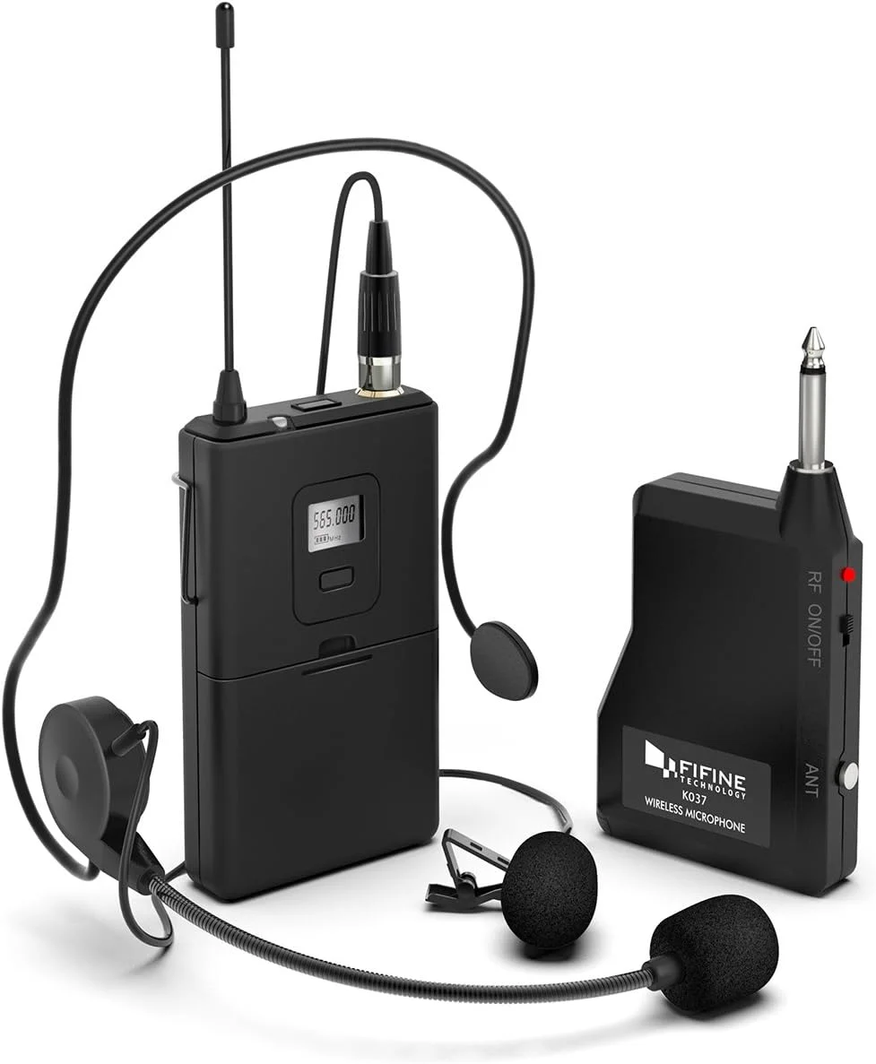 سیستم میکروفون بی سیم FIFINE، مجموعه میکروفون بی سیم Fifine با میکروفون های هدست/یقه ای Lavalier، فرستنده/گیرنده کمربندی، ایده آل برای آموزش، موعظه و سخنرانی های عمومی.(K037B)