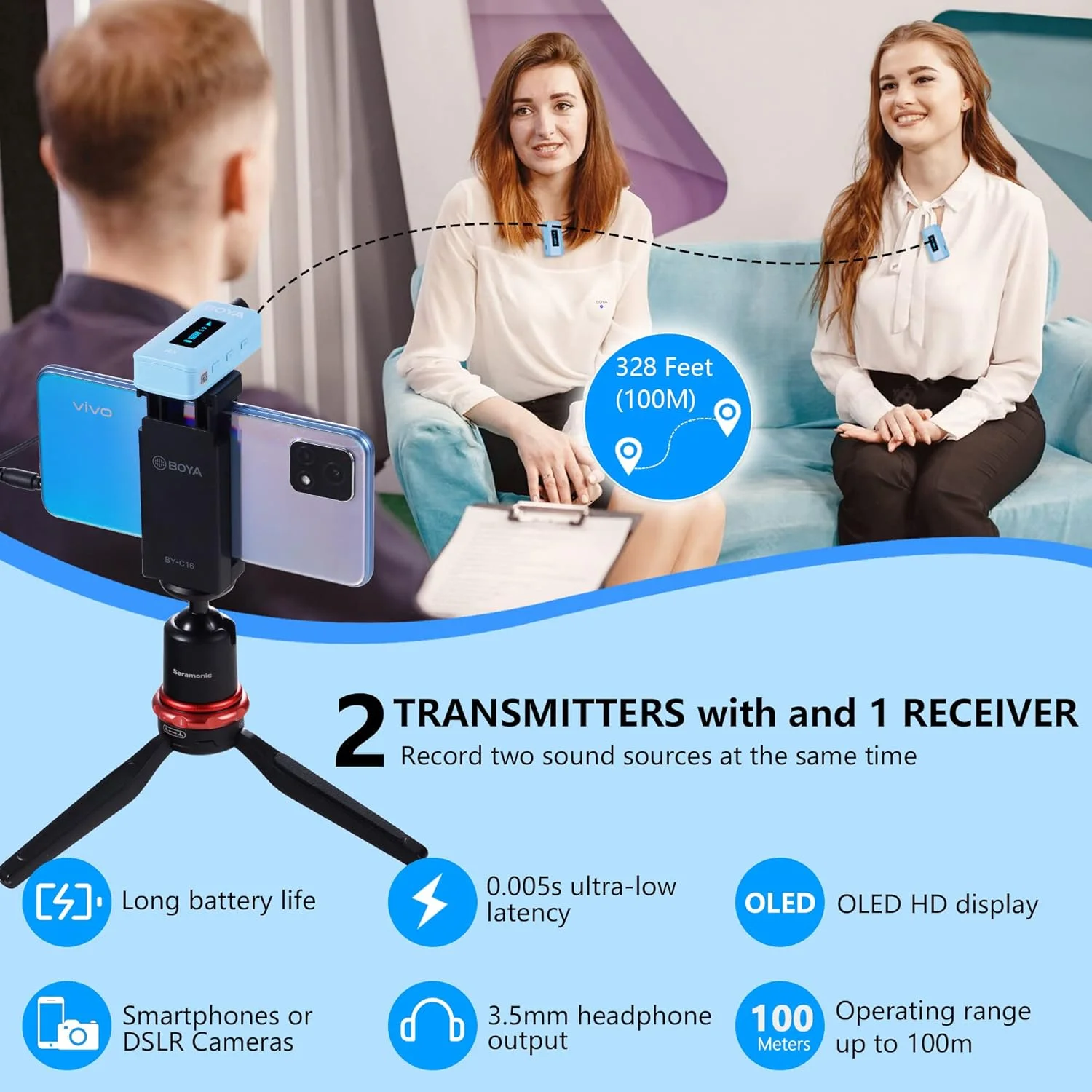 سیستم میکروفون یقه ای بی سیم دو کاناله BOYA BY-XM6-K2B با 2 فرستنده برای دوربین های DSLR، دوربین فیلمبرداری، تلفن های هوشمند در ویدیوهای ولاگ، یوتیوب، فیس بوک لایو (آبی) سیستم میکروفون یقه ای بی سیم دو کاناله BOYA BY-XM6-K2B با 2 فرستنده برای دوربین های DSLR، دوربین فیلمبرداری، تلفن های هوشمند در ویدیوهای ولاگ، یوتیوب، فیس بوک لایو (آبی)