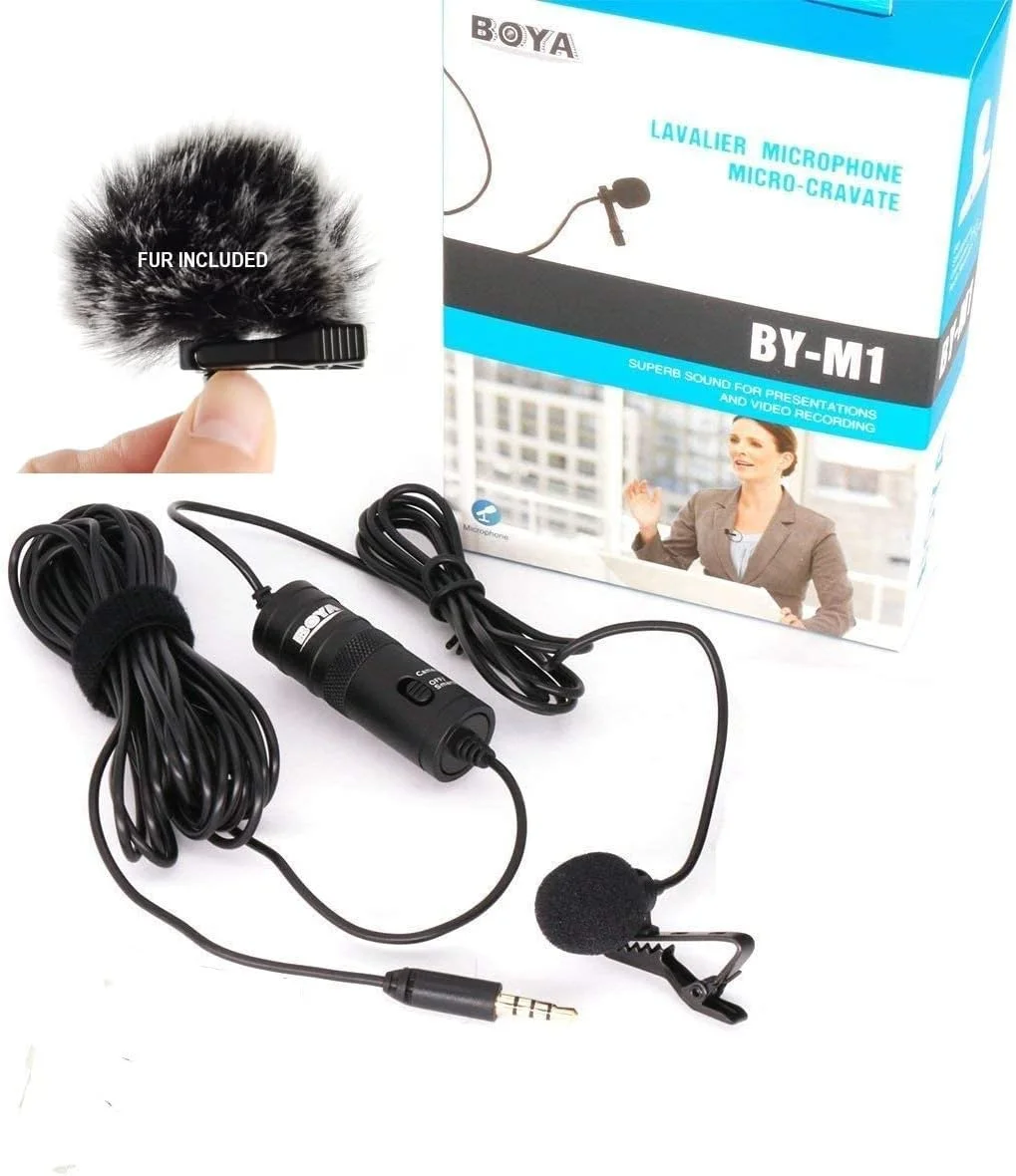 میکروفون کندانسر یقه ای BOYA BY-M1 3.5mm به همراه بادگیر AriMic برای آیفون 7 پلاس، گوشی های هوشمند، دوربین های DSLR، ضبط کننده ها و دوربین های فیلمبرداری