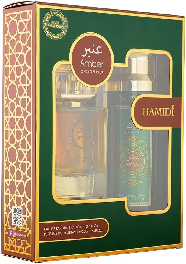 ست هدیه ادو پرفیوم کهربا غیر الکلی حمیدی مناسب برای آقایان و بانوان، 100 میلی لیتر و اسپری بدن عطر، 200 میلی لیتر