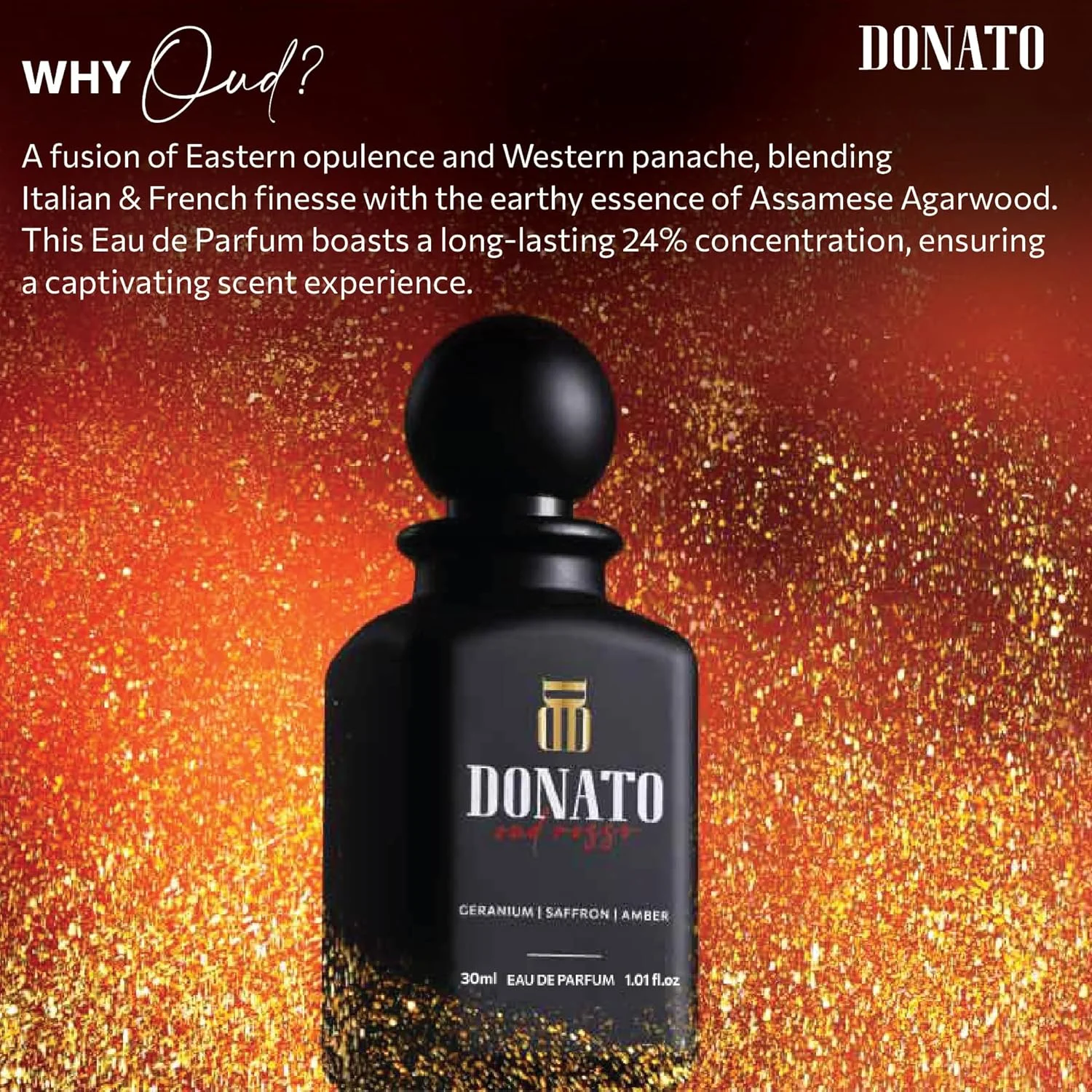 عطر ادو پرفیوم مردانه و زنانه دوناتو عود روسو، 30 میلی لیتر | عطر لوکس ممتاز | رایحه ماندگار | شمعدانی، زعفران، عنبر | عطر عود унисекс EDP