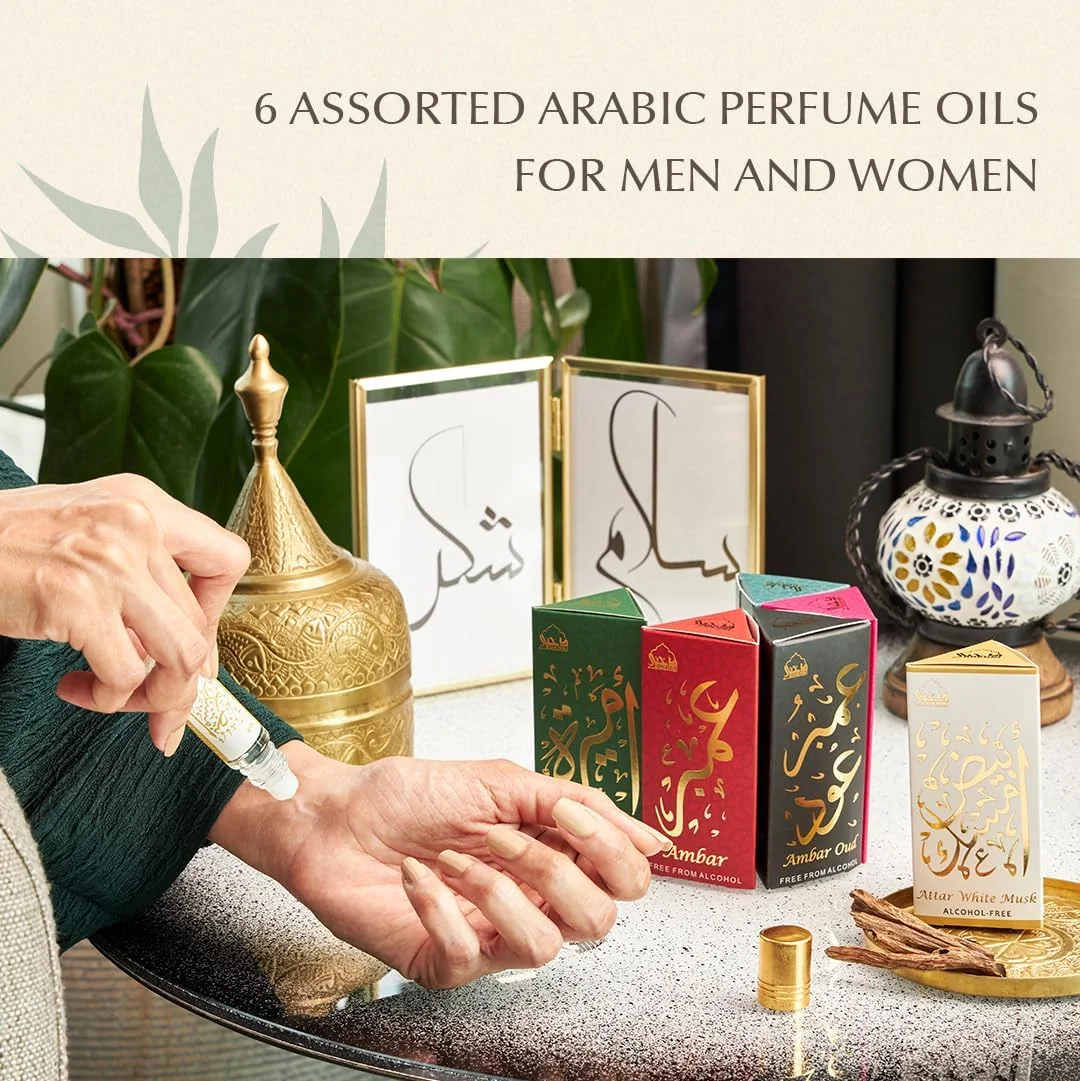 مجموعه روغن عطر دخنی | روغن های معطر اصیل عربی | 100% خالص، بدون الکل و حلال | آمانی، امیره، حیاتی، عنبر، عنبر عود، مشک سفید - 6 میلی لیتر هر کدام