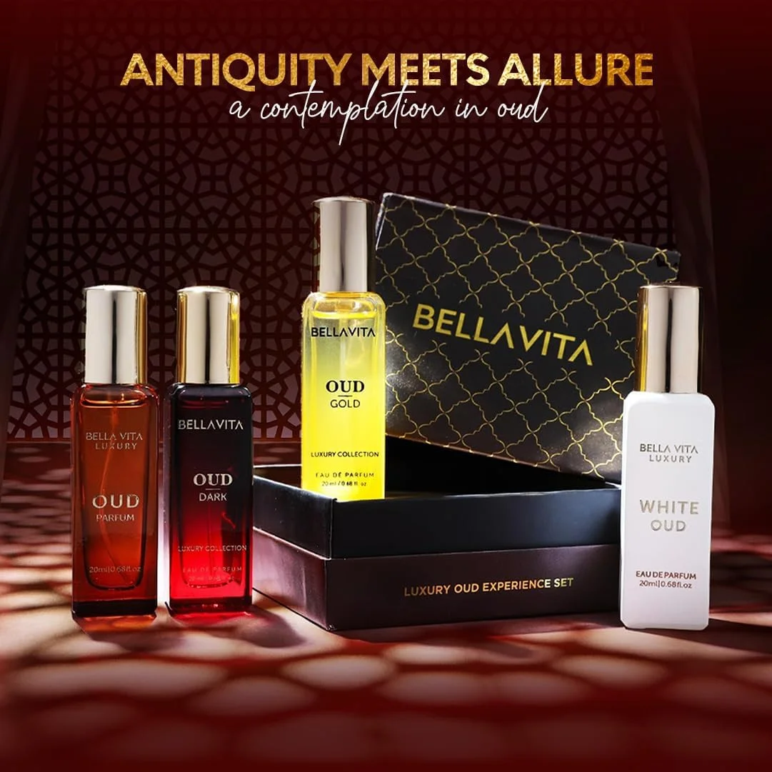 ست هدیه ادو پرفیوم عود Bella Vita Luxury OUD Experience، 4 عدد 20 میلی لیتر، برای آقایان و بانوان، عطر ممتاز EDP با ماندگاری طولانی، رایحه عود