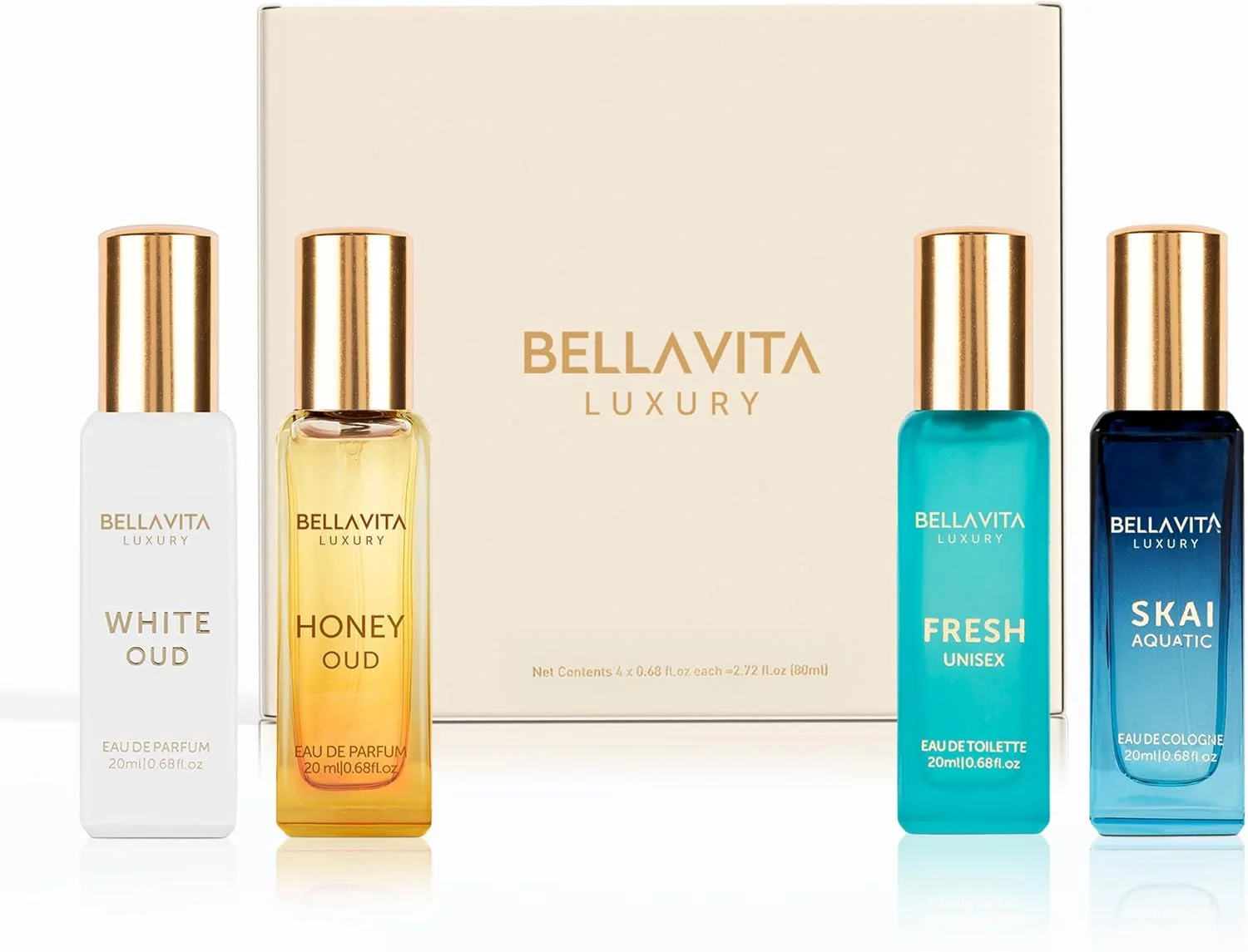 ست هدیه عطر لوکس زنانه و مردانه BellaVita | شامل Honey OUD، SKAI، FRESH، White OUD، ست عطر | رایحه های ماندگار عطر | عطرهای مجموعه ممتاز (4x20ml)