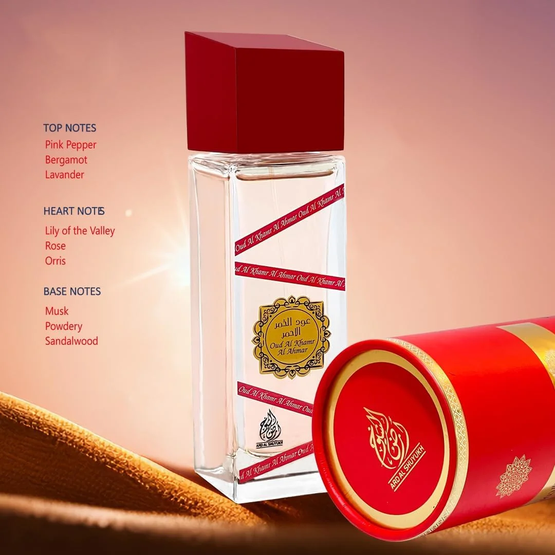 ادکلن унисекс ARD EL SHUYUKH Oud Al Khamr Al Ahmar حجم 100 میلی لیتر - رایحه ای فریبنده از میوه و گل با رایحه فلفل صورتی، اسطوخودوس و چوب صندل ادکلن унисекс ARD EL SHUYUKH Oud Al Khamr Al Ahmar حجم 100 میلی لیتر - رایحه ای فریبنده از میوه و گل با رایحه فلفل صورتی، اسطوخودوس و چوب صندل