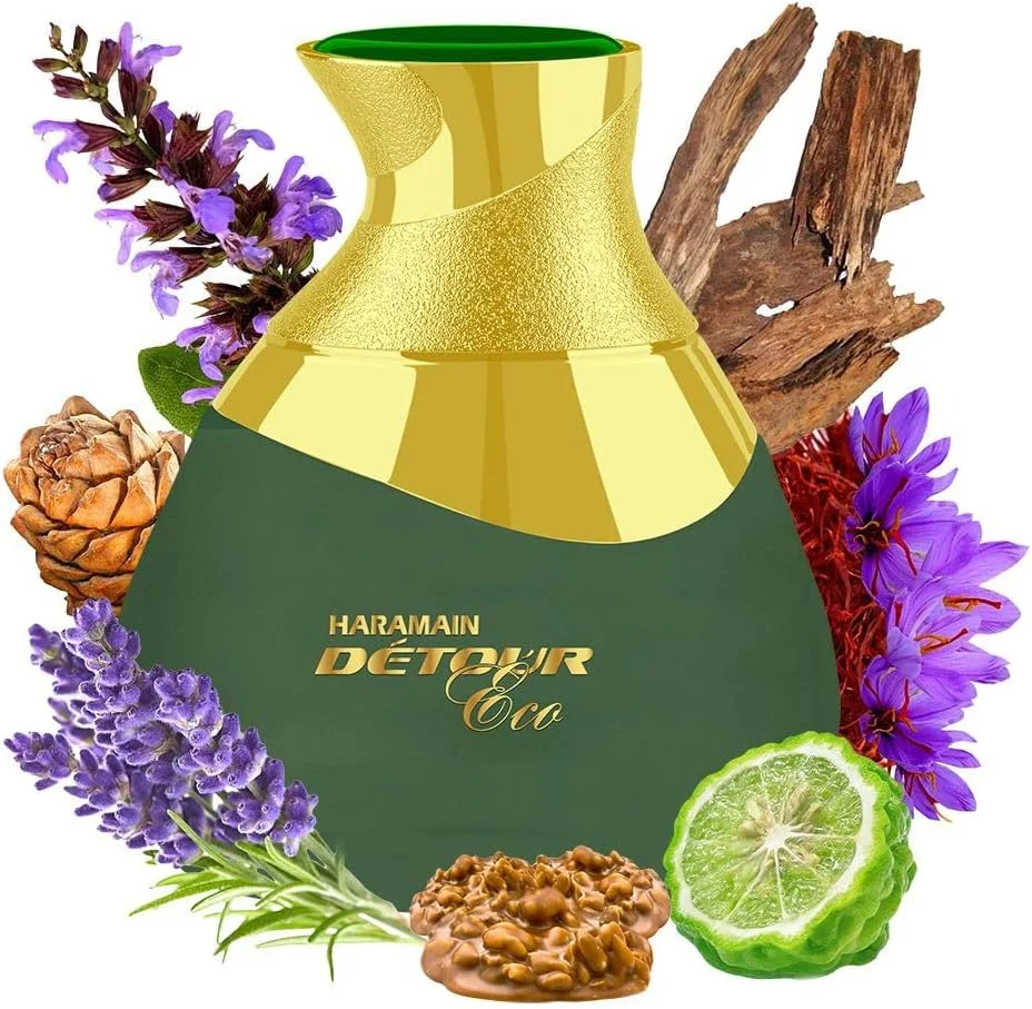 ادکلن الحرمین دیتور نویر اکو ادو پرفیوم 100 میلی لیتر | عطر شرقی چوبی یونیسکس – اسطوخودوس، مریم گلی، ترنج، زعفران، پرالین، عود و سدر | عطر ماندگار سازگار با محیط زیست
