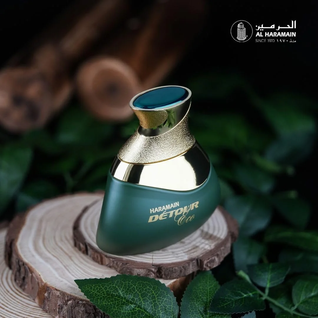 ادکلن الحرمین دیتور نویر اکو ادو پرفیوم 100 میلی لیتر | عطر شرقی چوبی یونیسکس – اسطوخودوس، مریم گلی، ترنج، زعفران، پرالین، عود و سدر | عطر ماندگار سازگار با محیط زیست