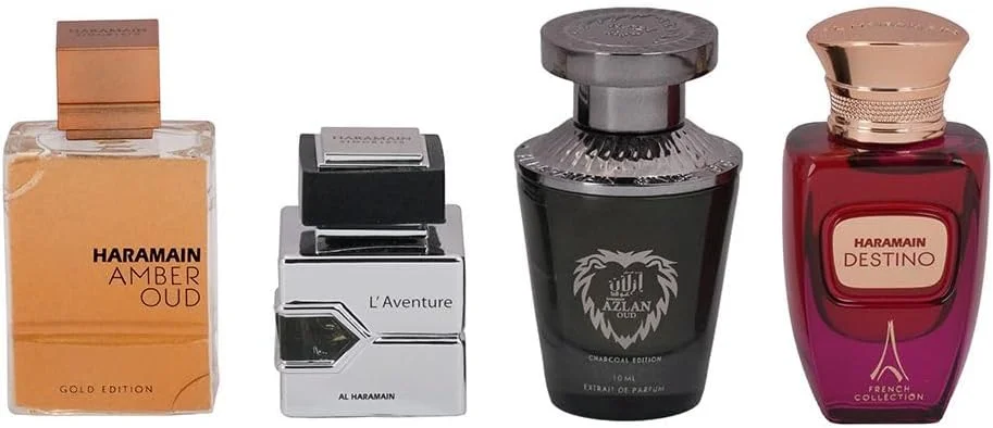 ست هدیه عطر مسافرتی الحرمین، انحصاری - 4 عدد ادو پرفیوم 10 میلی لیتری | Amber Oud Gold، L’Aventure، Azlan Charcoal و Destino French | مجموعه مینی عطر لوکس برای مردان و زنان