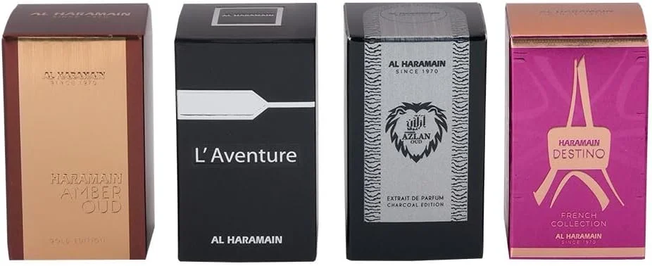 ست هدیه عطر مسافرتی الحرمین، انحصاری - 4 عدد ادو پرفیوم 10 میلی لیتری | Amber Oud Gold، L’Aventure، Azlan Charcoal و Destino French | مجموعه مینی عطر لوکس برای مردان و زنان