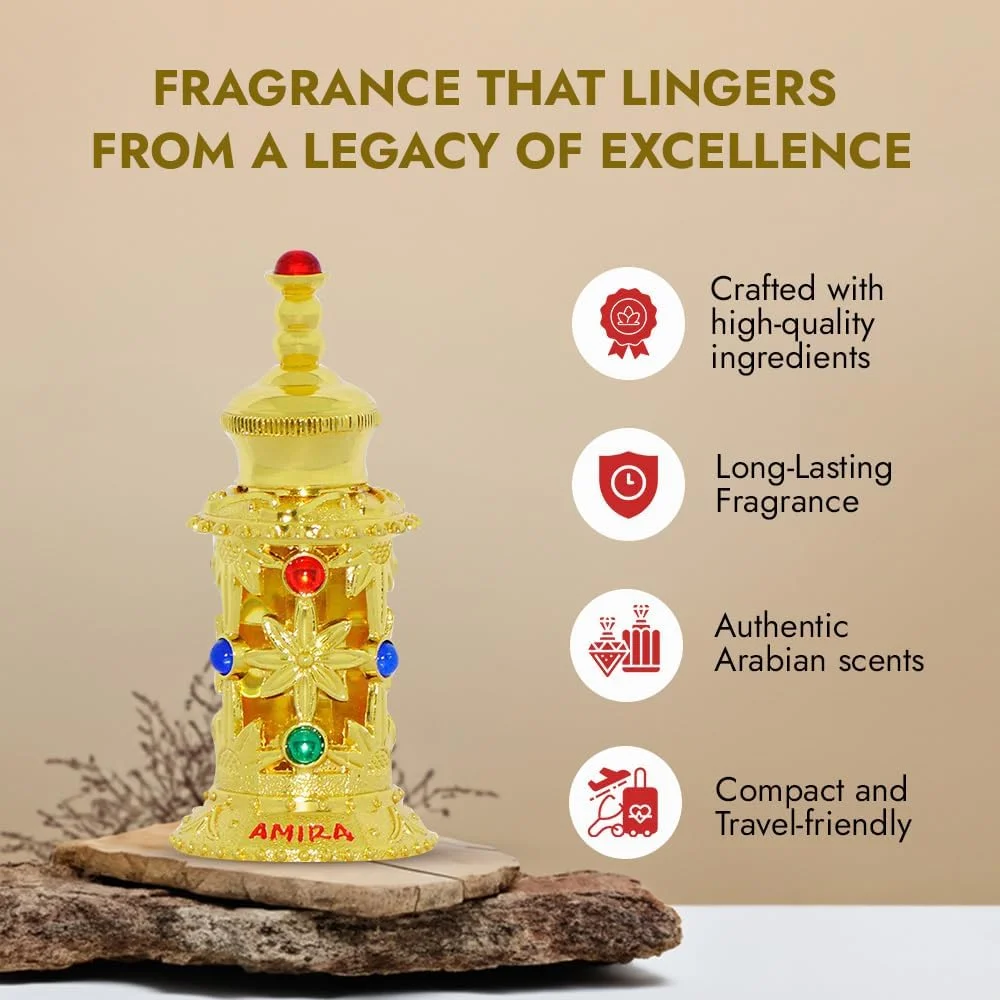روغن عطر زنانه الحرمین آمیرا | عطر | بدون الکل | رایحه گلی و مرکباتی با ترنج | نت های اسطوخودوس، رز و مشک | عطر لوکس عربی | مناسب استفاده روزانه یا مناسبت های خاص | 12 میلی لیتر