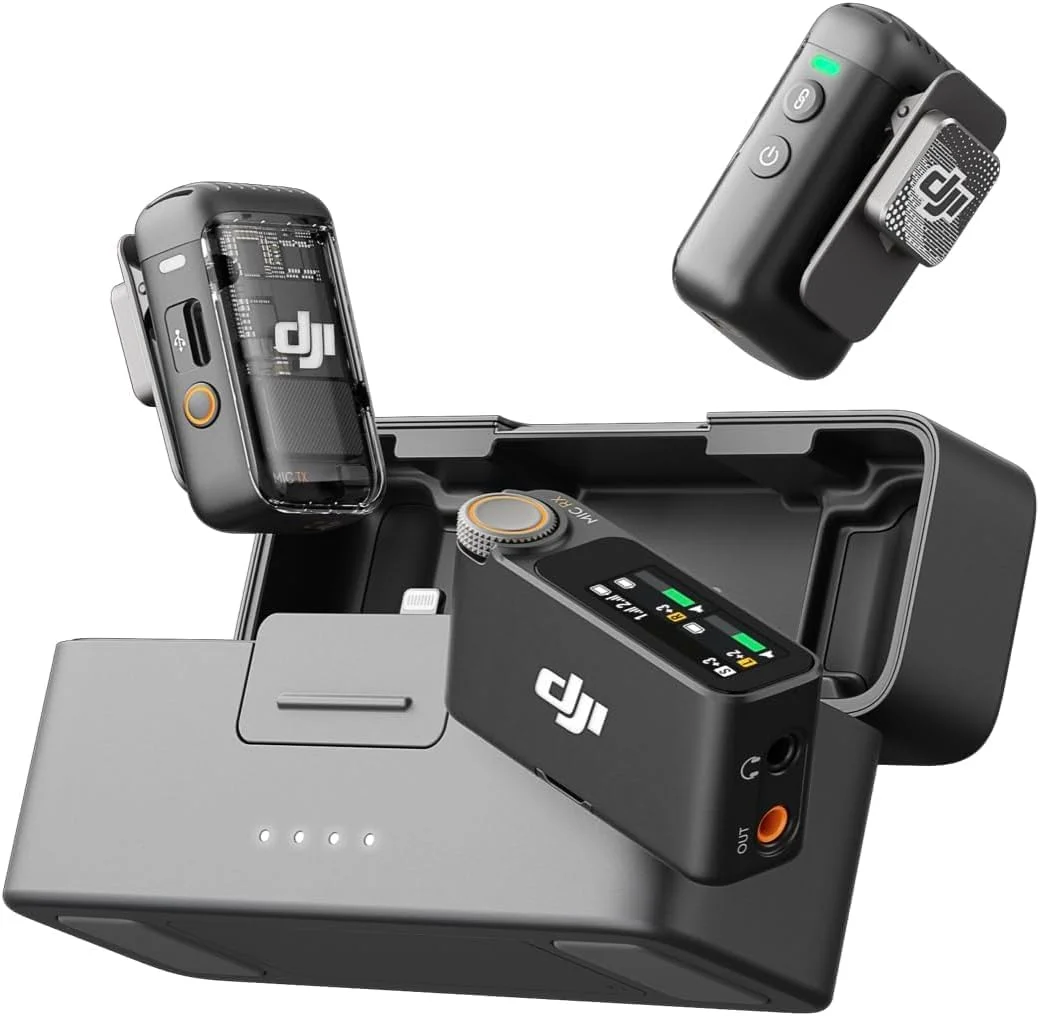 DJI Mic 2 (2 TX + 1 RX + جعبه شارژ)، میکروفون یقه ای بی سیم، حذف نویز، برد 820 فوت، میکروفون برای آیفون، اندروید، دوربین به همراه 2 میکروفون یقه ای کندانسور همه جهته DJI Mic 2 (2 TX + 1 RX + جعبه شارژ)، میکروفون یقه ای بی سیم، حذف نویز، برد 820 فوت، میکروفون برای آیفون، اندروید، دوربین به همراه 2 میکروفون یقه ای کندانسور همه جهته