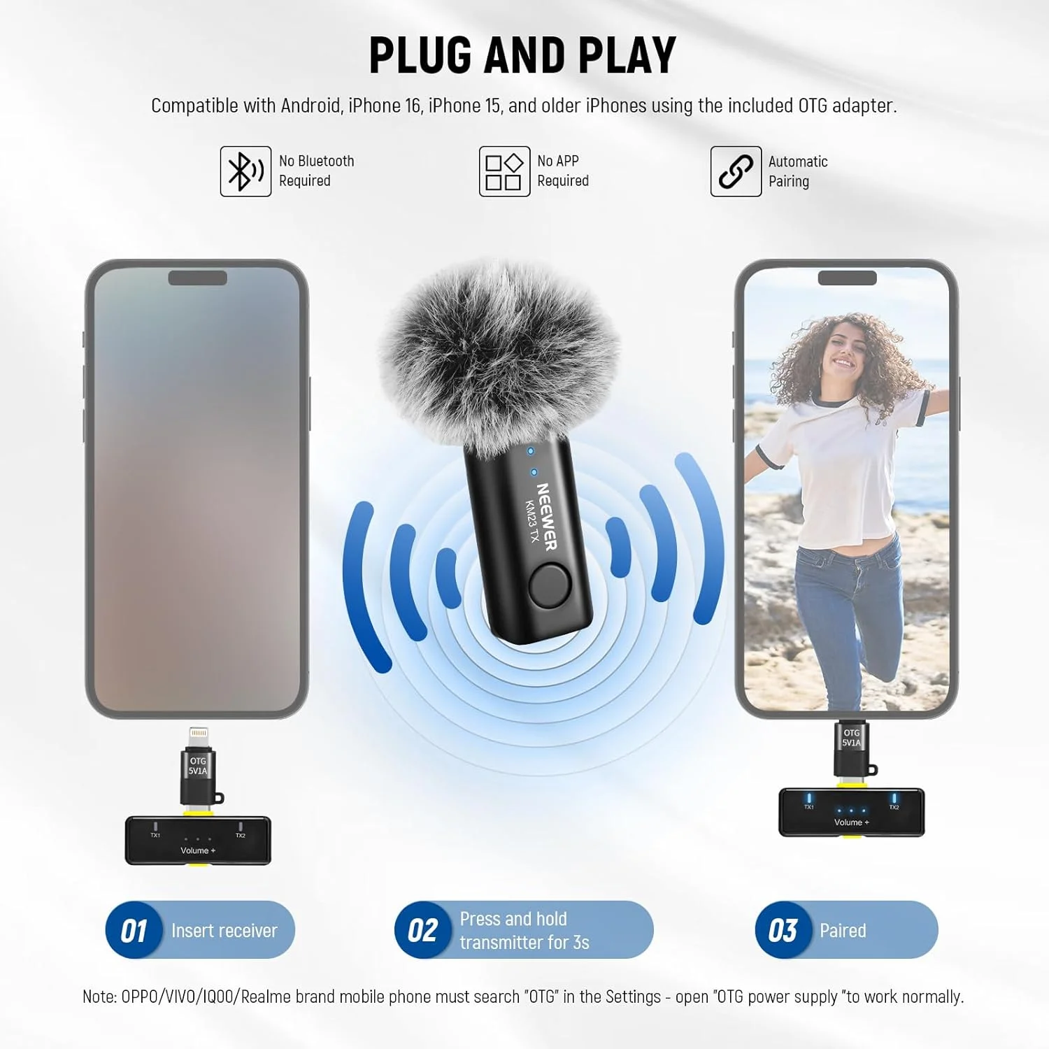 سیستم میکروفون بیسیم یقهای NEEWER، 1 عدد گیرنده USB C با آداپتور OTG و 2 عدد فرستنده کندانسور همه جهته با قابلیت حذف نویز سازگار با iPhone 16 Pro Max S24 Ultra، مدل KM23 سیستم میکروفون بیسیم یقهای NEEWER، 1 عدد گیرنده USB C با آداپتور OTG و 2 عدد فرستنده کندانسور همه جهته با قابلیت حذف نویز سازگار با iPhone 16 Pro Max S24 Ultra، مدل KM23